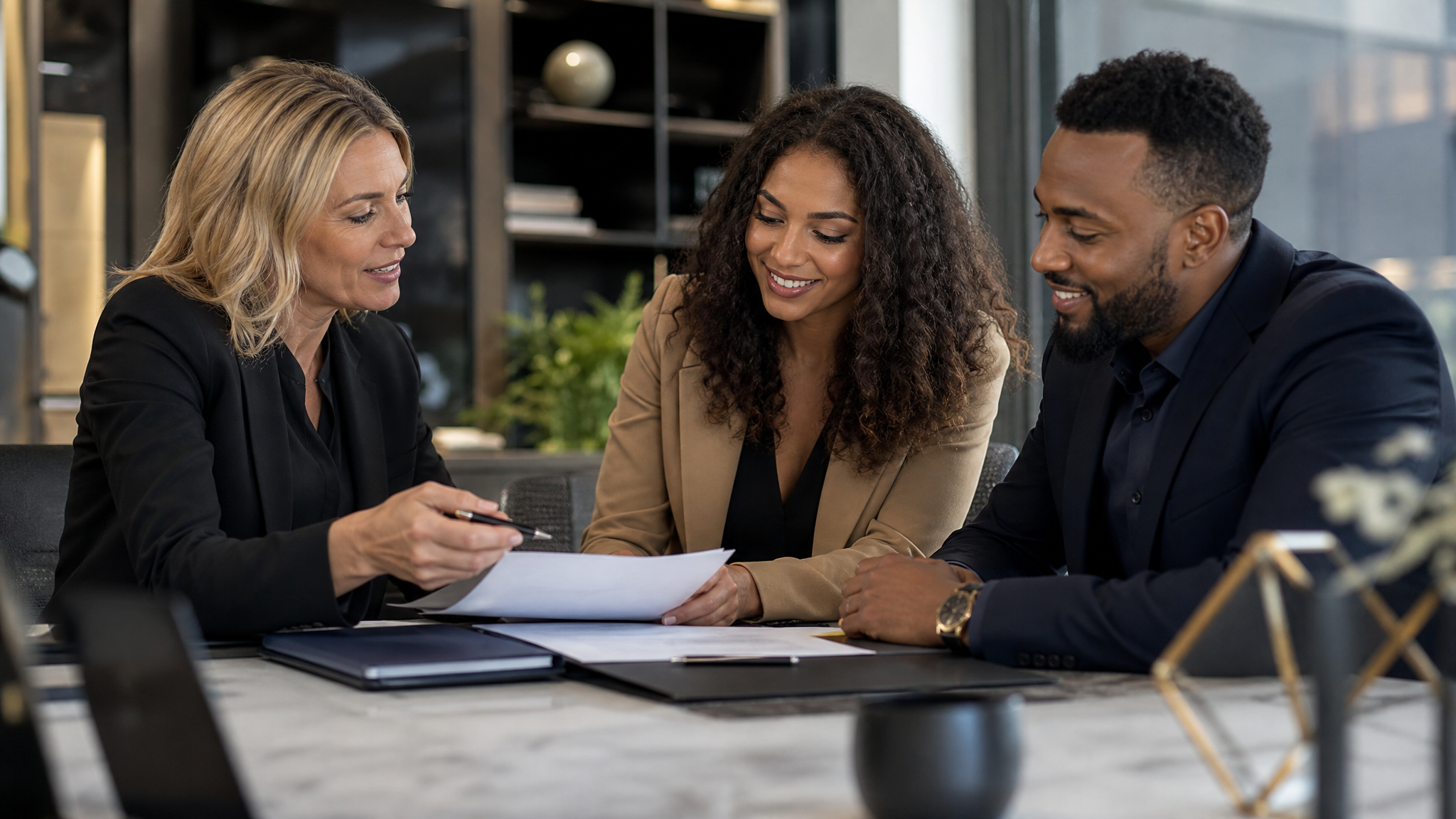 Business owners reviewing startup documents with a professional advisor