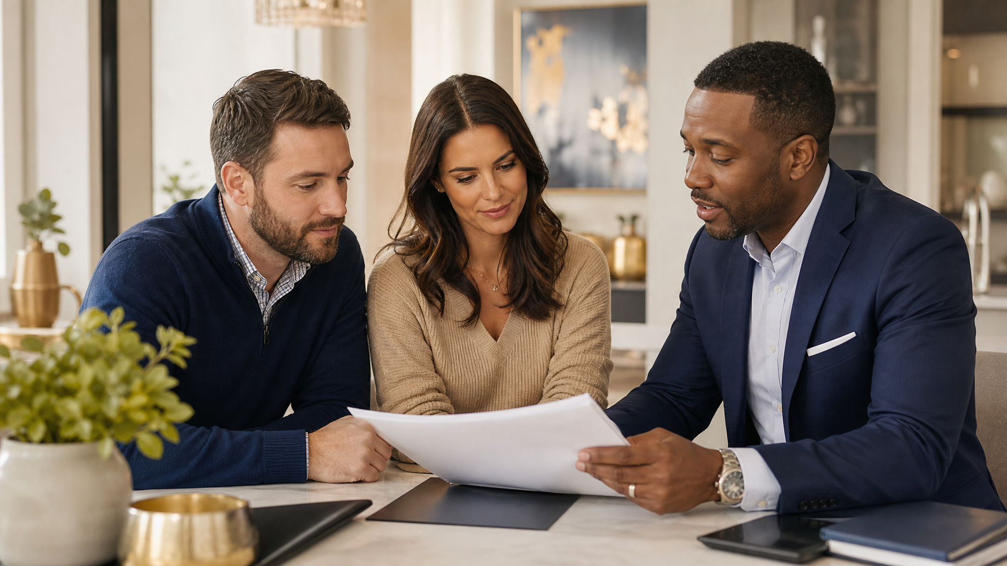 Landlord and tenant reviewing lease documents with professional help
