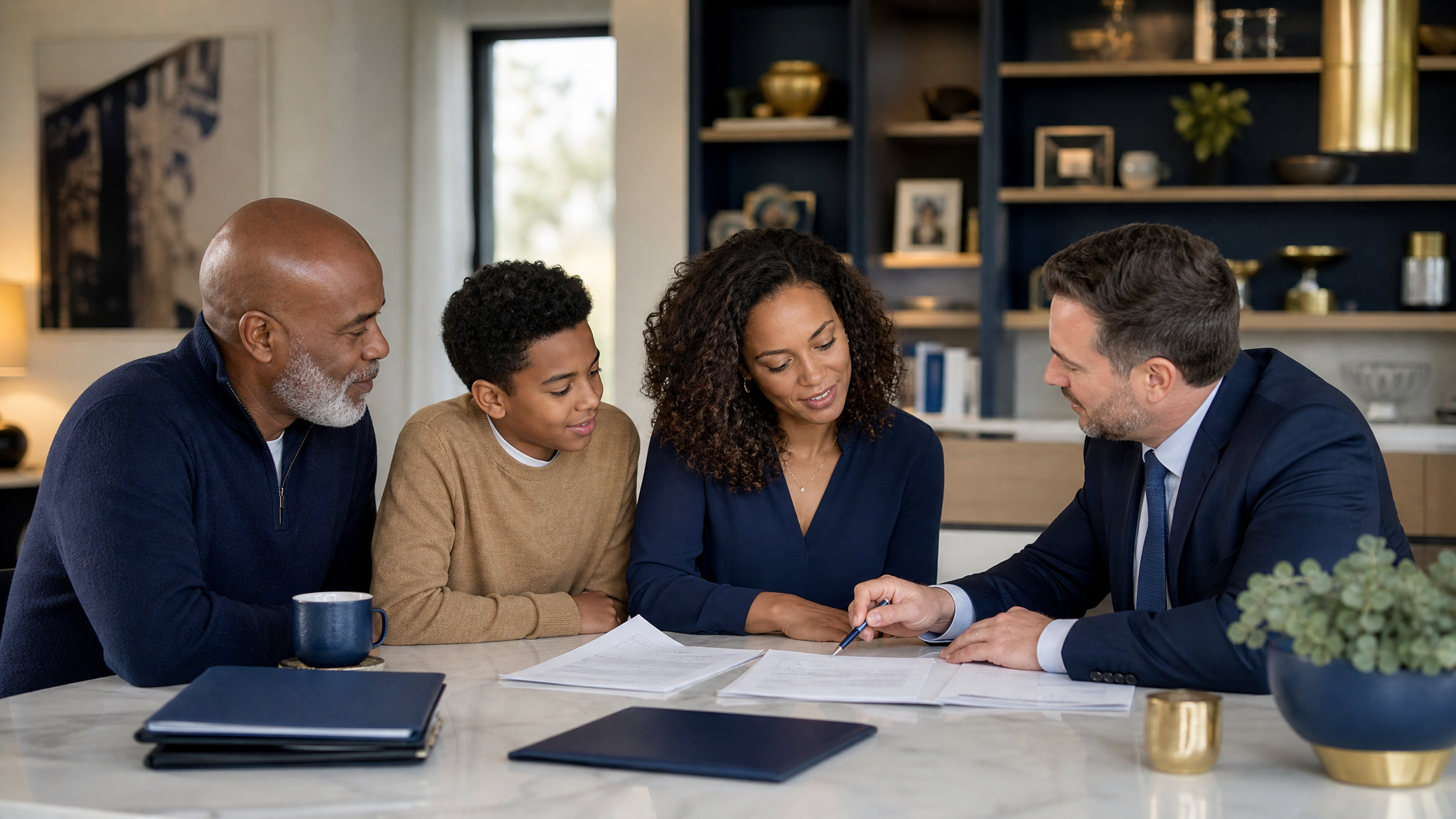 Family reviewing personal documents with a professional advisor