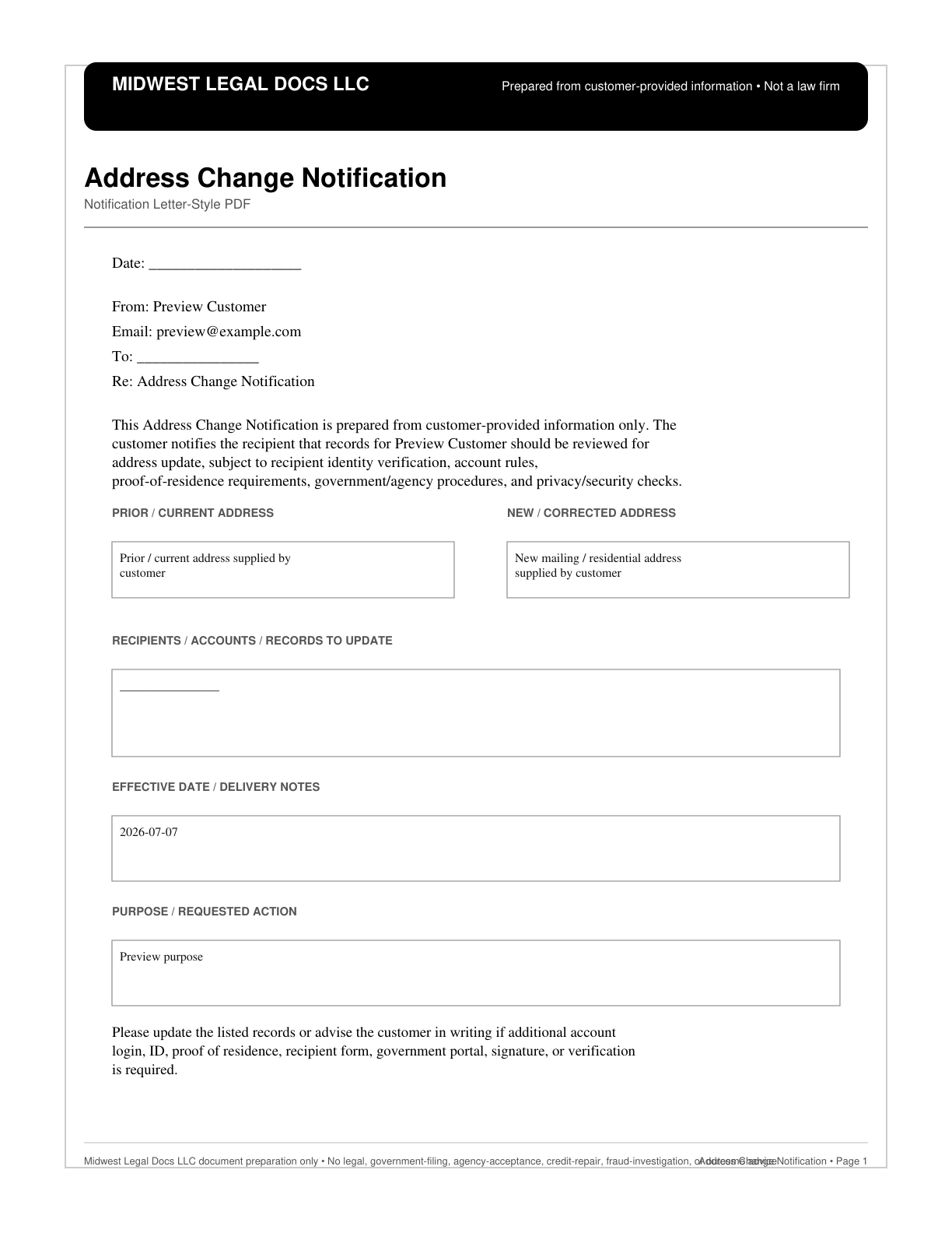 Page 1 preview of the actual Name Change Records Update Letter form