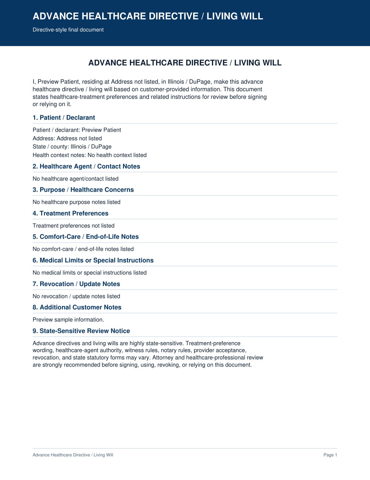 Page 1 preview of the actual Advance Healthcare Directive (Living Will) + Directive form