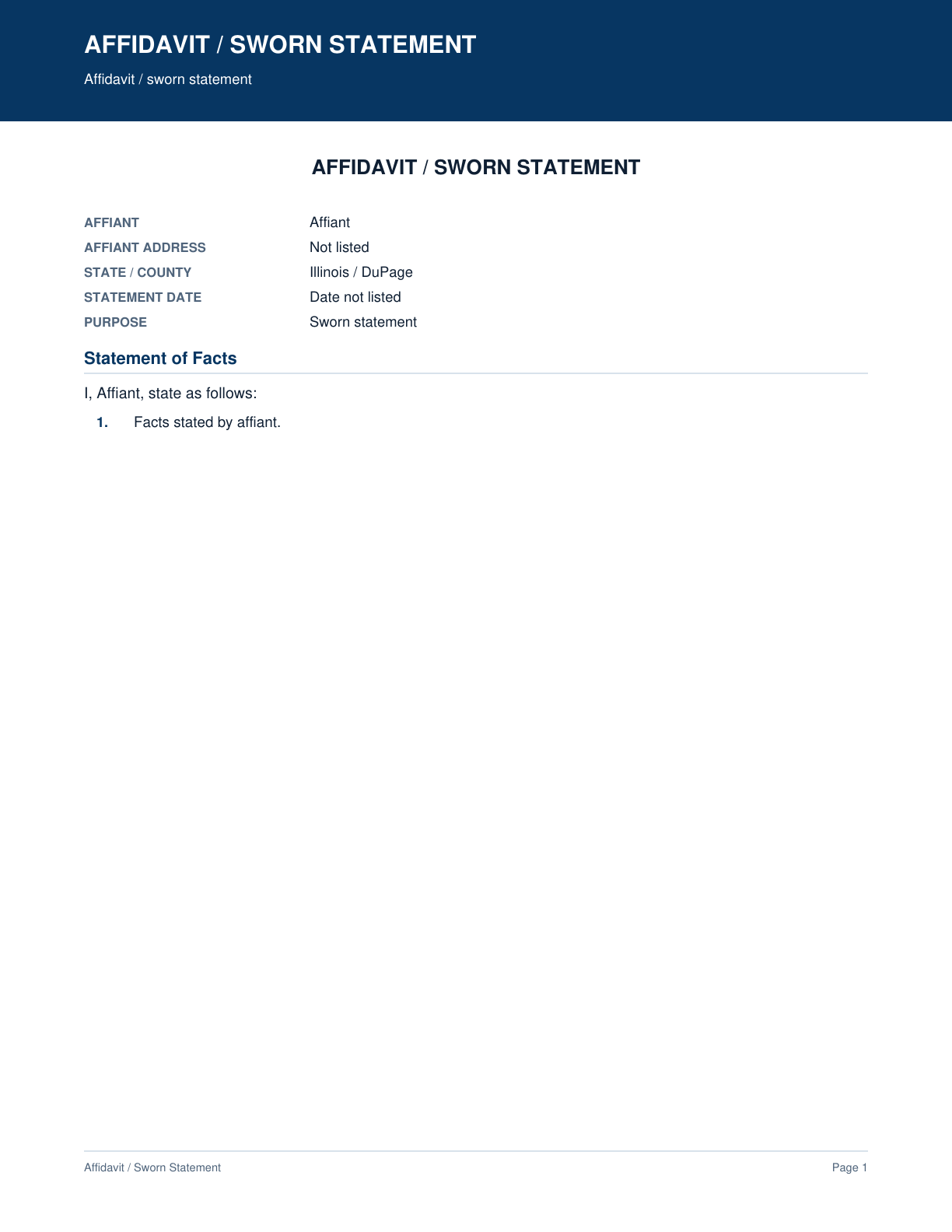 Page 1 preview of the actual Affidavit / Sworn Statement form