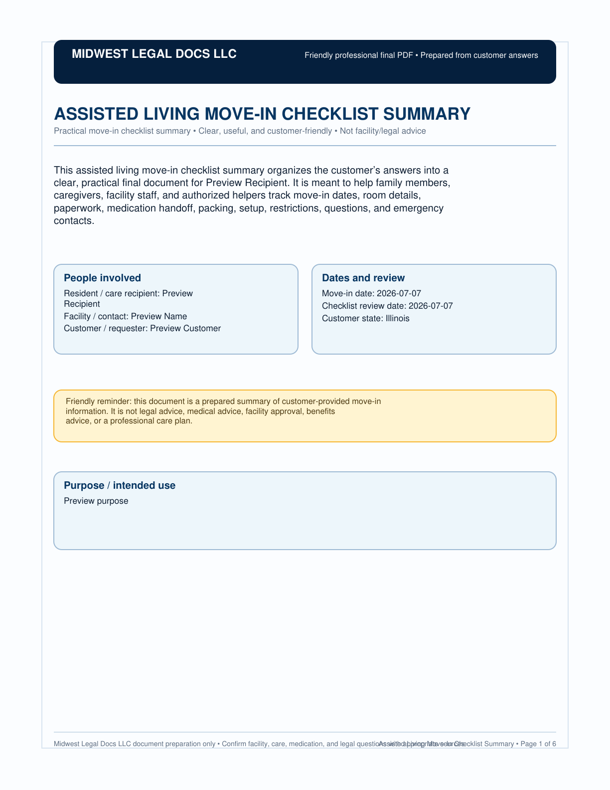 Page 1 preview of the actual Assisted Living Move-In Checklist + Checklist-Style Pd form