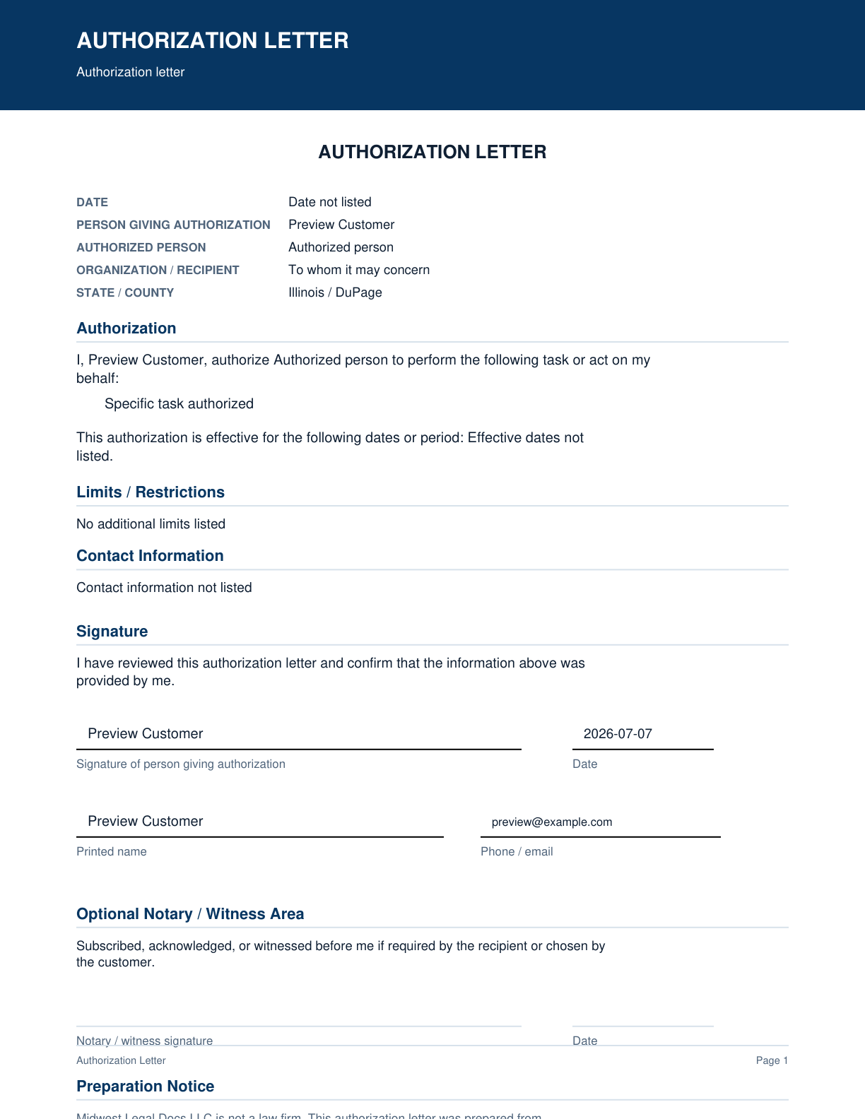 Page 1 preview of the actual Authorization Letter form