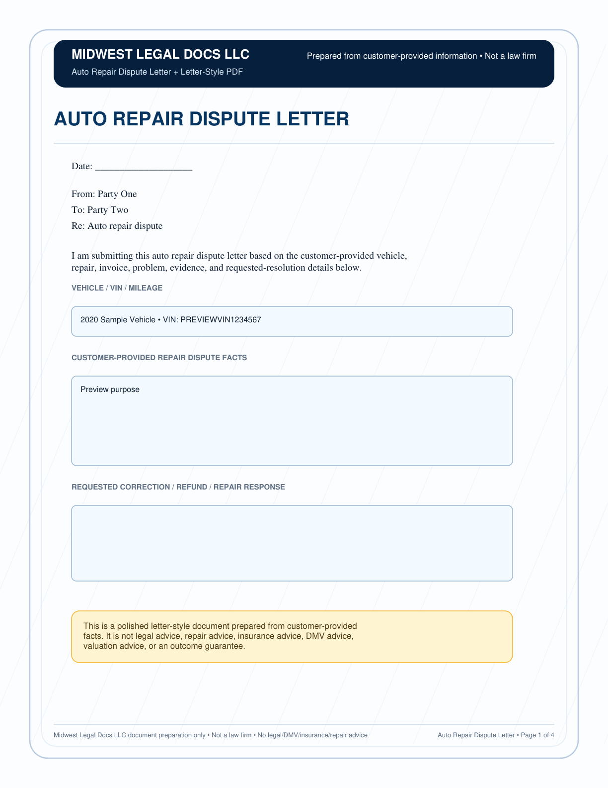 Page 1 preview of the actual Auto Repair Dispute Letter form