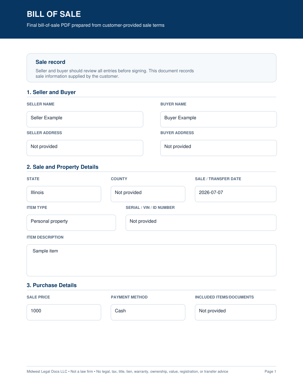 Actual page 1 preview of the finished Bill of Sale PDF