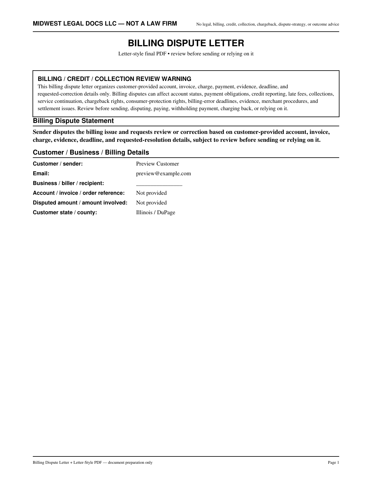 Page 1 preview of the actual Billing Dispute Letter + Letter-Style Pdf form