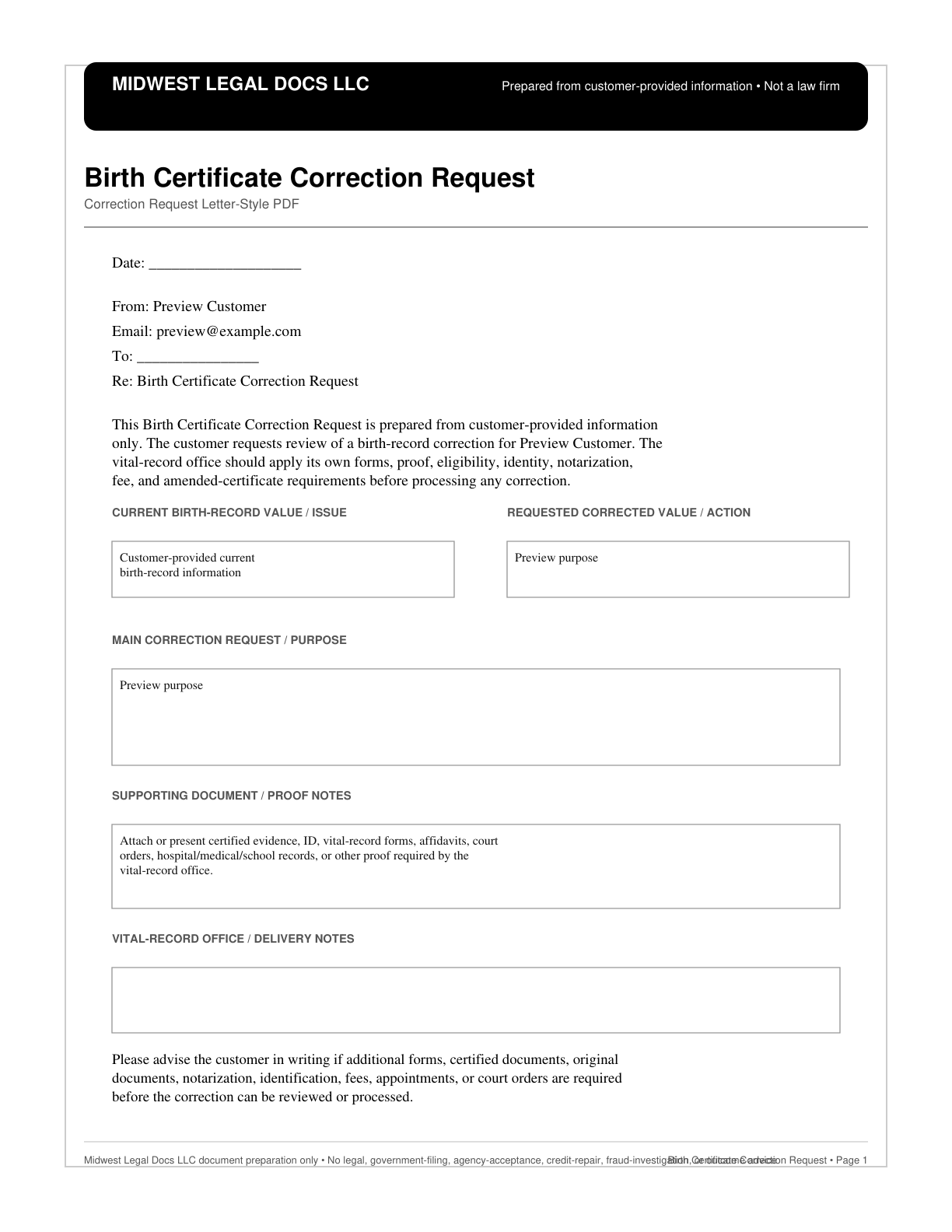 Page 1 preview of the actual Name Change Records Update Letter form