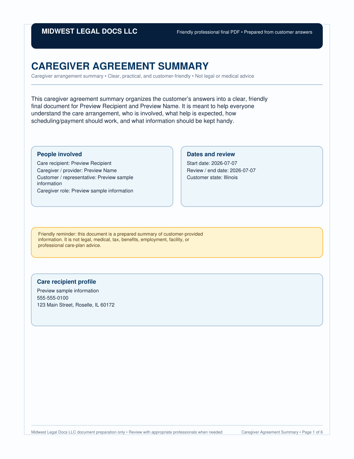 Page 1 preview of the actual Caregiver Agreement + Agreement-Style PDF form