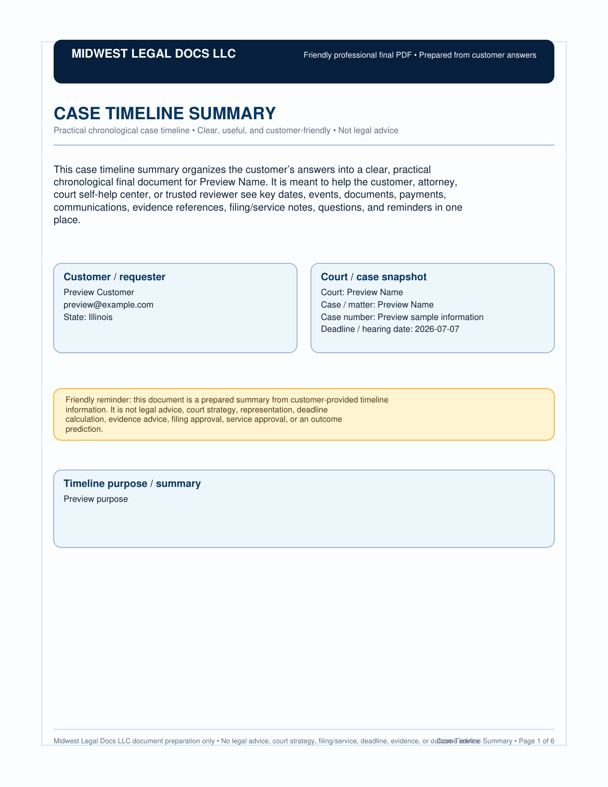 Page 1 preview of the actual Case Timeline Summary + Summary-Style Pdf form