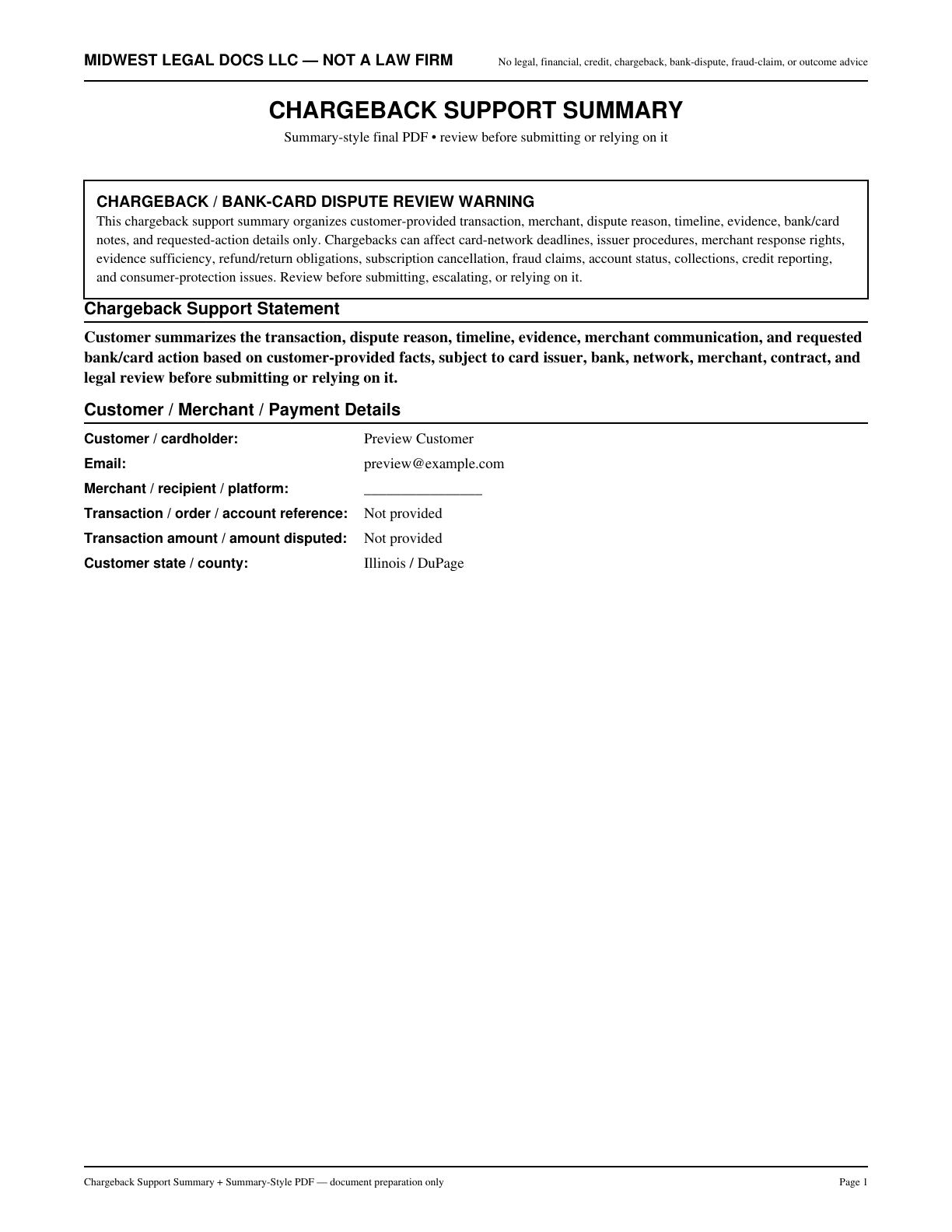 Page 1 preview of the actual Visa Support Document Summary form