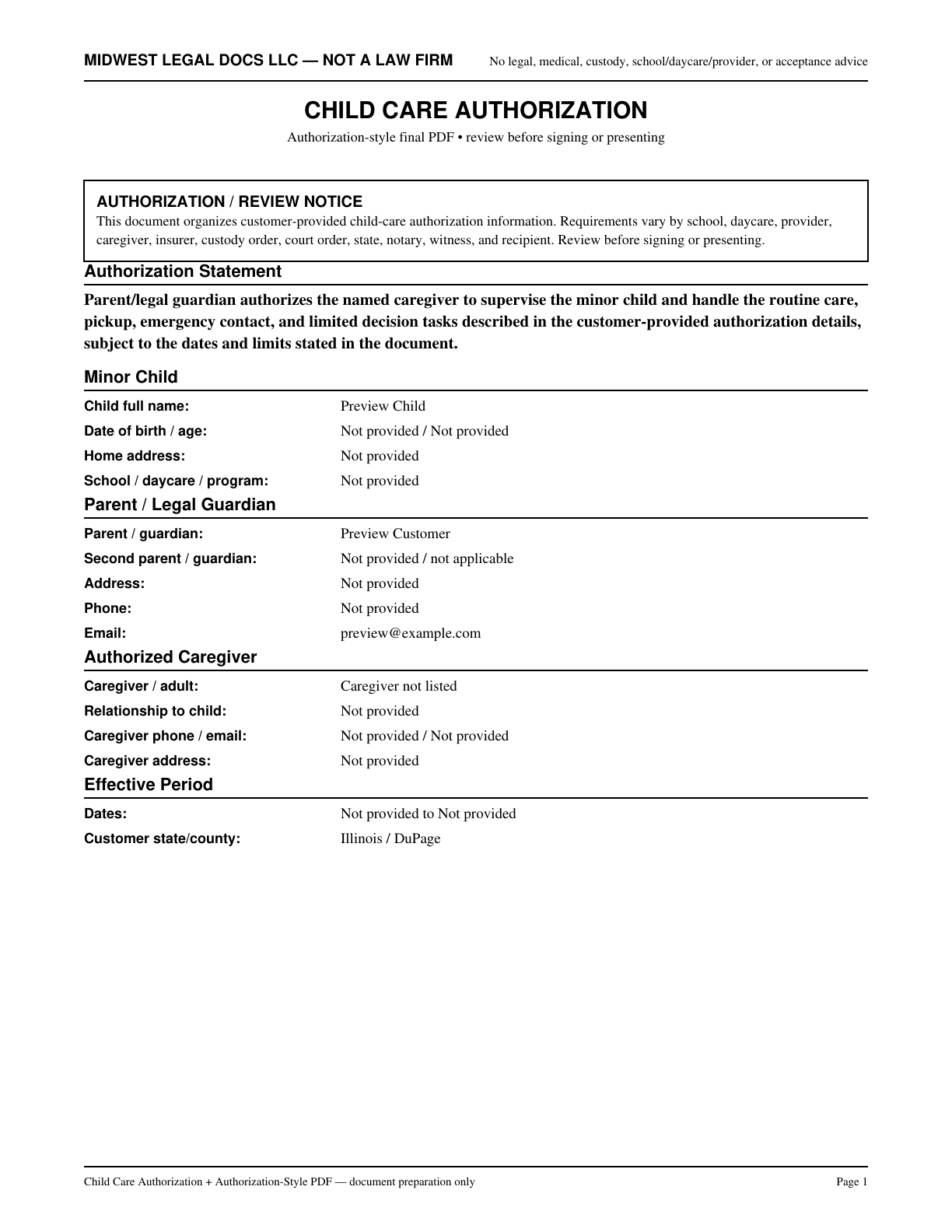 Page 1 preview of the actual Child Care Authorization form