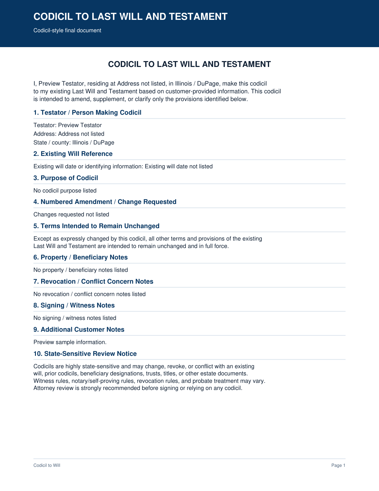 Page 1 preview of the actual Codicil To Will + Codicil-Style Pdf form