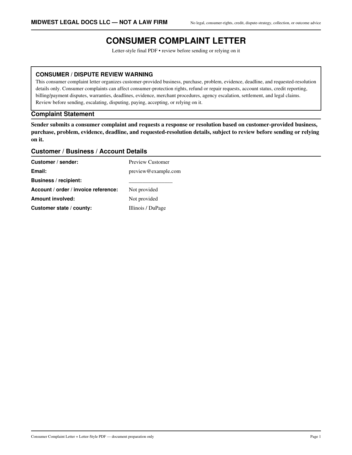 Page 1 preview of the actual Consumer Complaint Letter + Letter-Style Pdf form