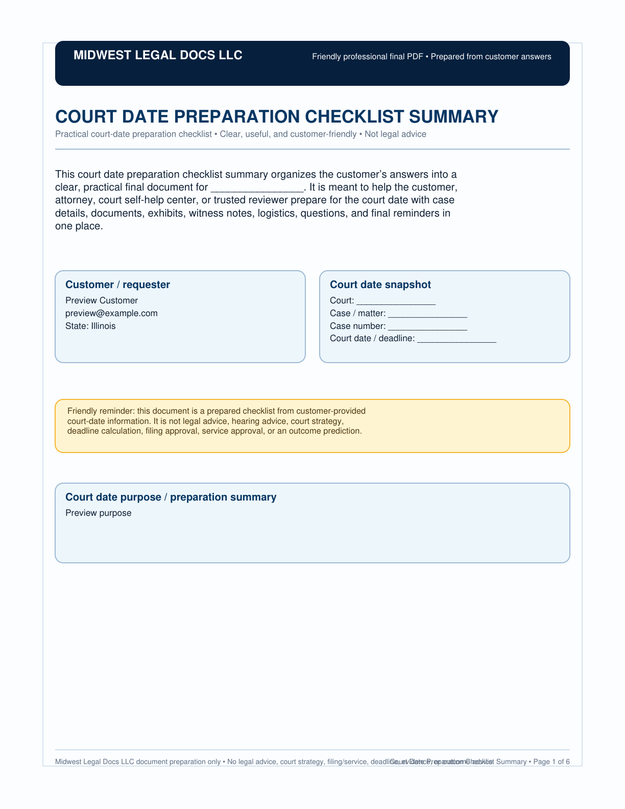 Page 1 preview of the actual Court Date Preparation Checklist + Checklist-Style Pdf form