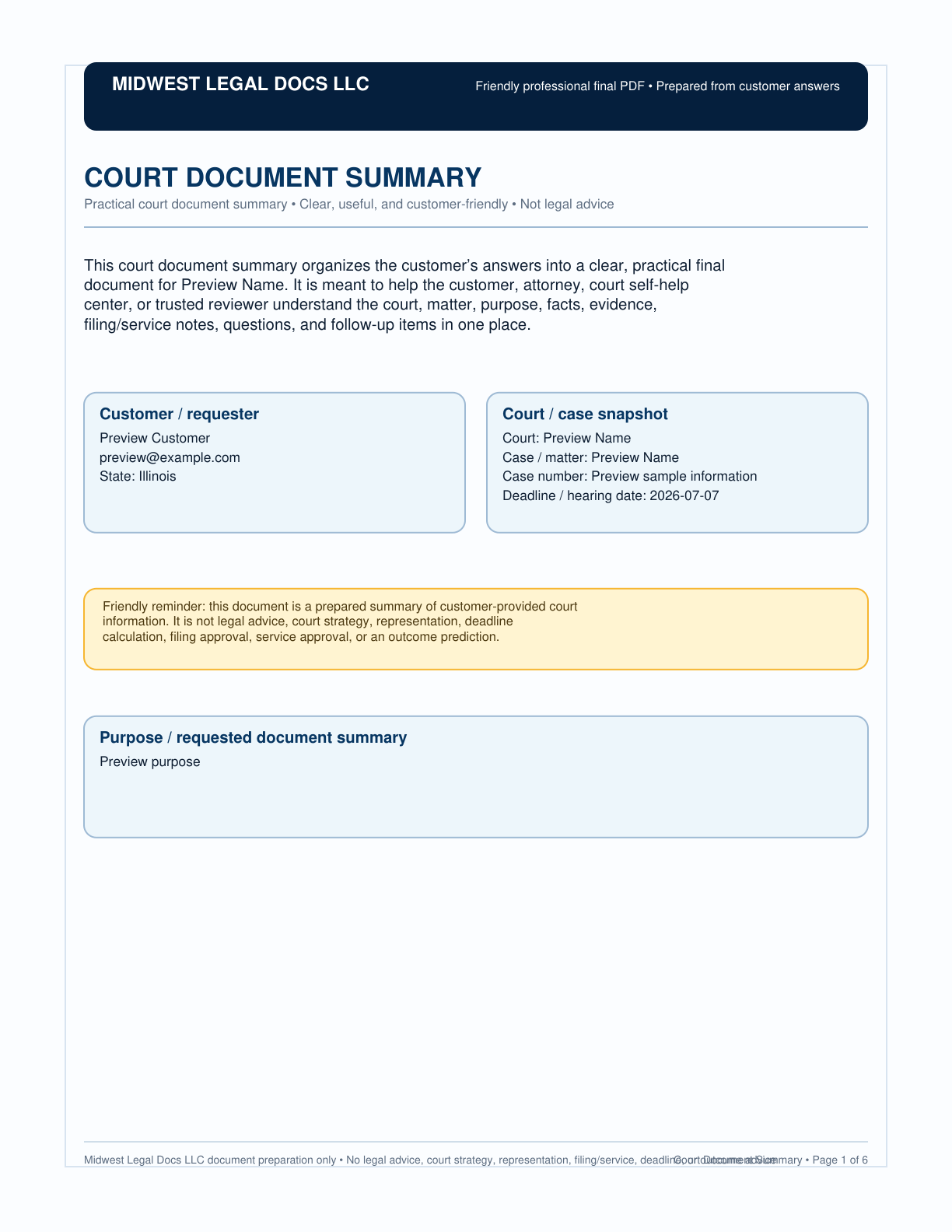 Page 1 preview of the actual Court Document Summary + Summary-Style Pdf form