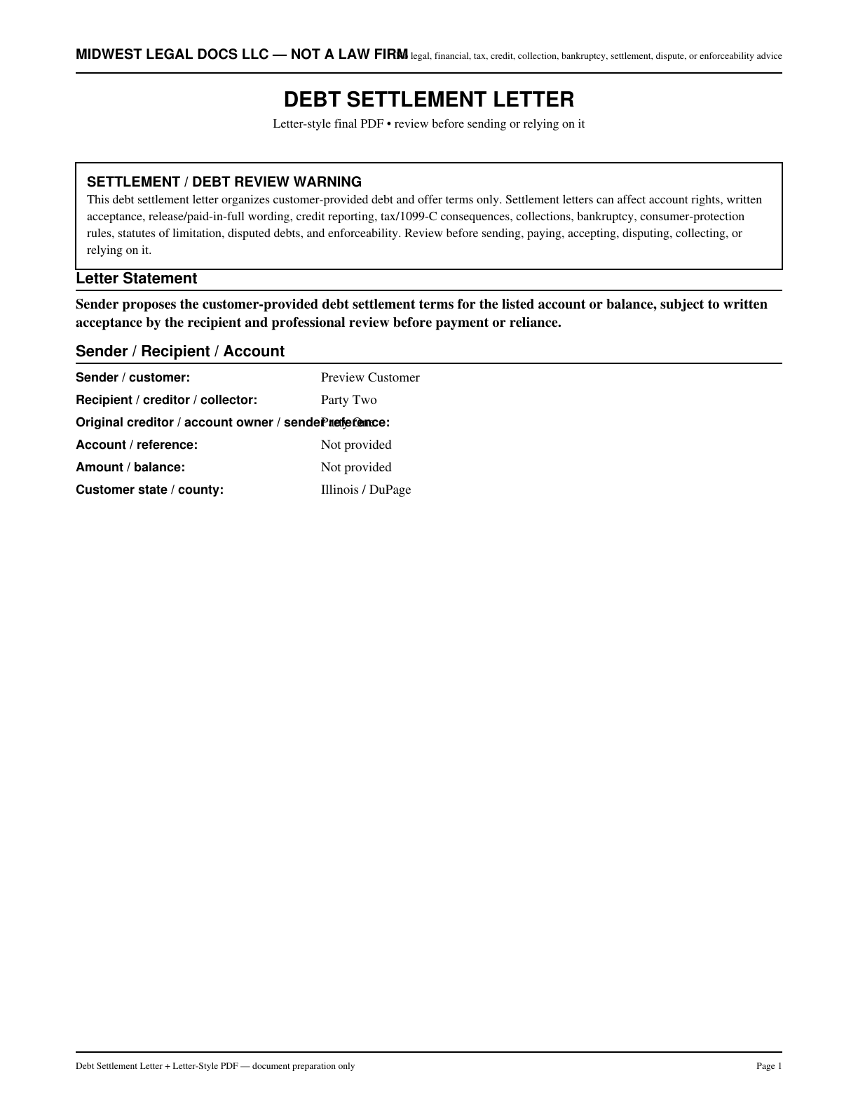 Page 1 preview of the actual Debt Settlement Letter form