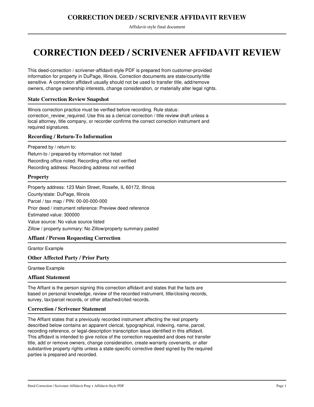 Page 1 preview of the actual Deed Correction / Scrivener Affidavit Prep + Affidavit form