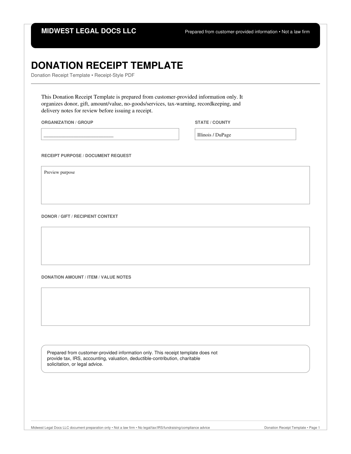 Page 1 preview of the actual Donation Receipt Template + Receipt-Style Pdf form