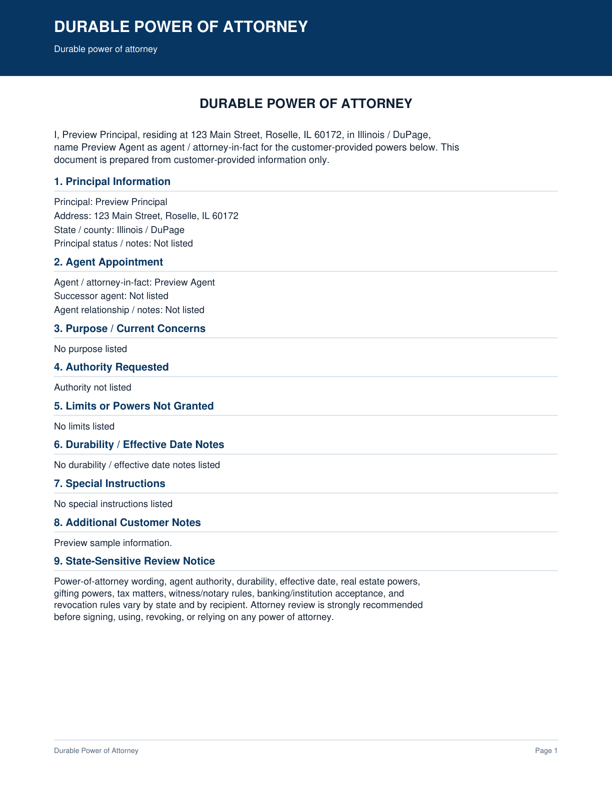 Page 1 preview of the actual Durable Power Of Attorney + Poa-Style Pdf form
