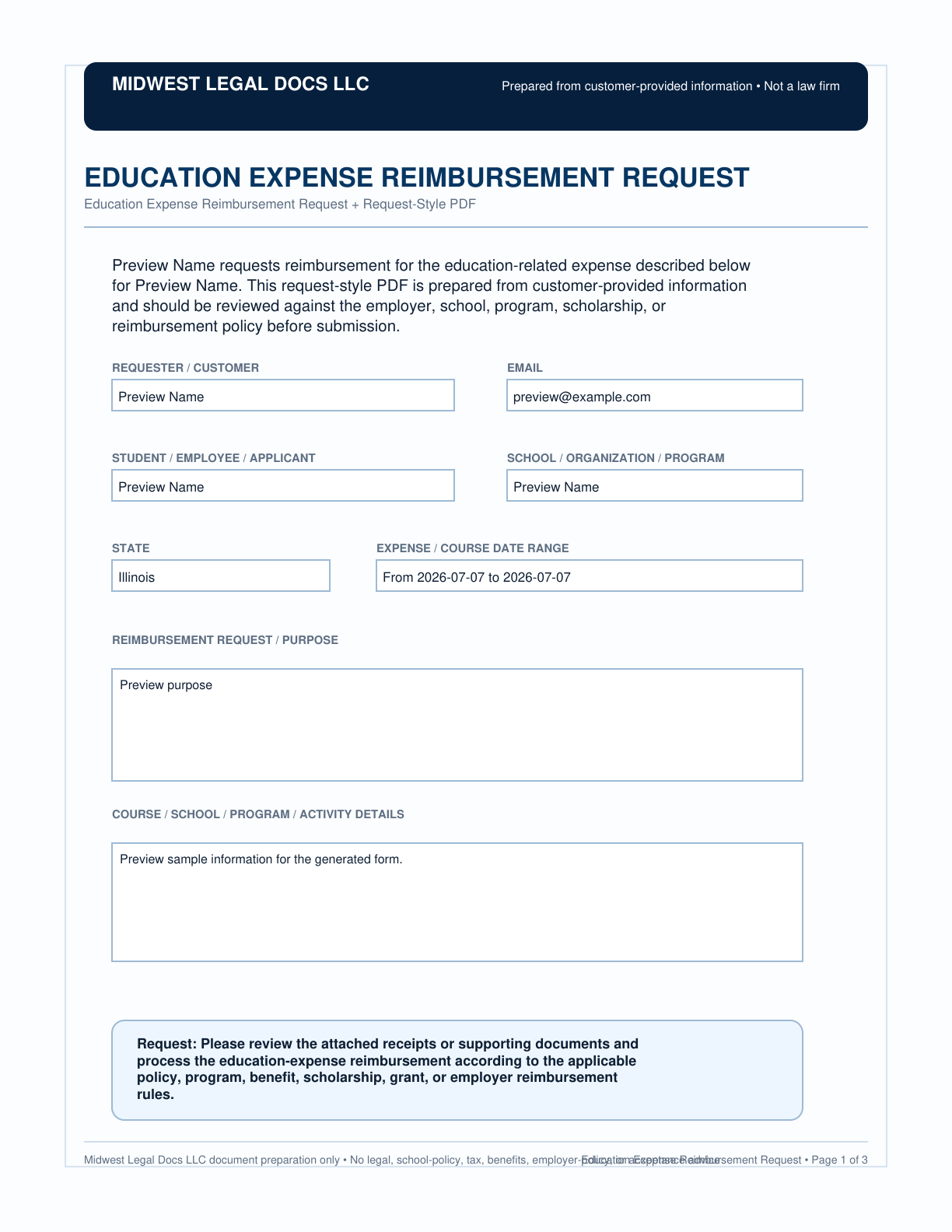 Page 1 preview of the actual Education Expense Reimbursement Request form