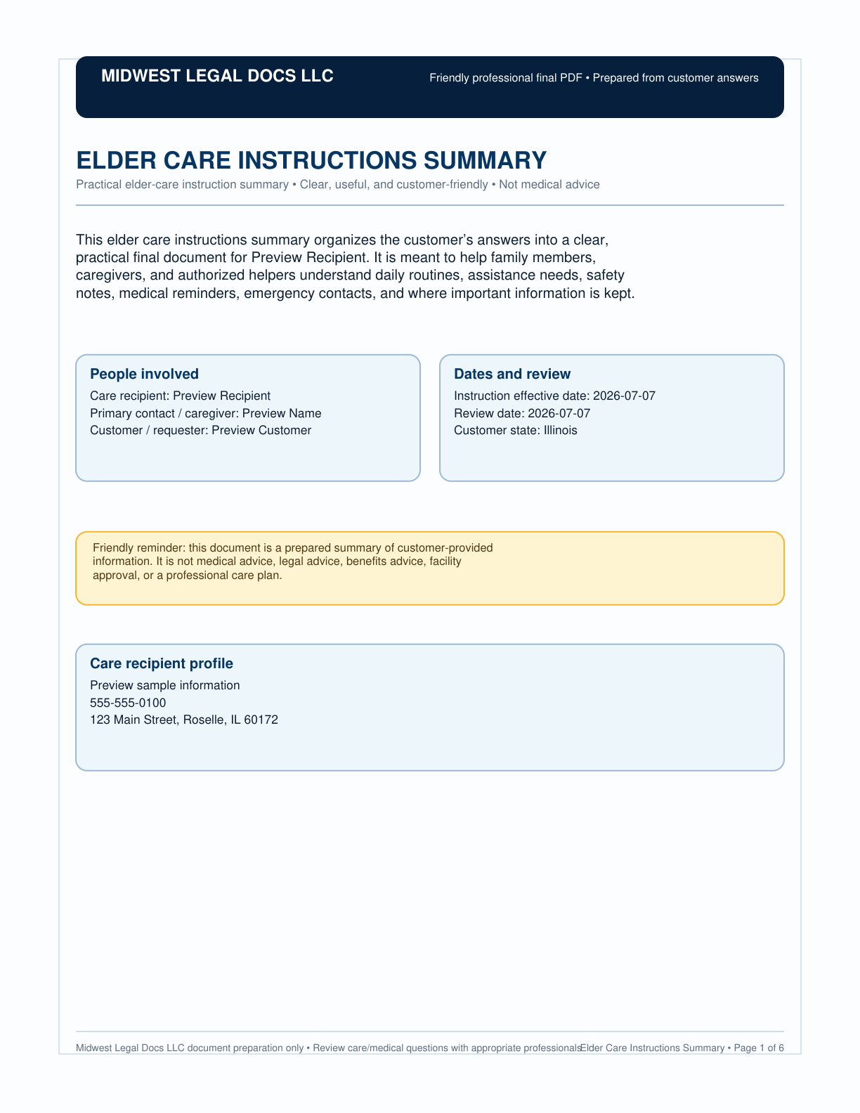 Page 1 preview of the actual Elder Care Instructions + Instructions-Style Pdf form