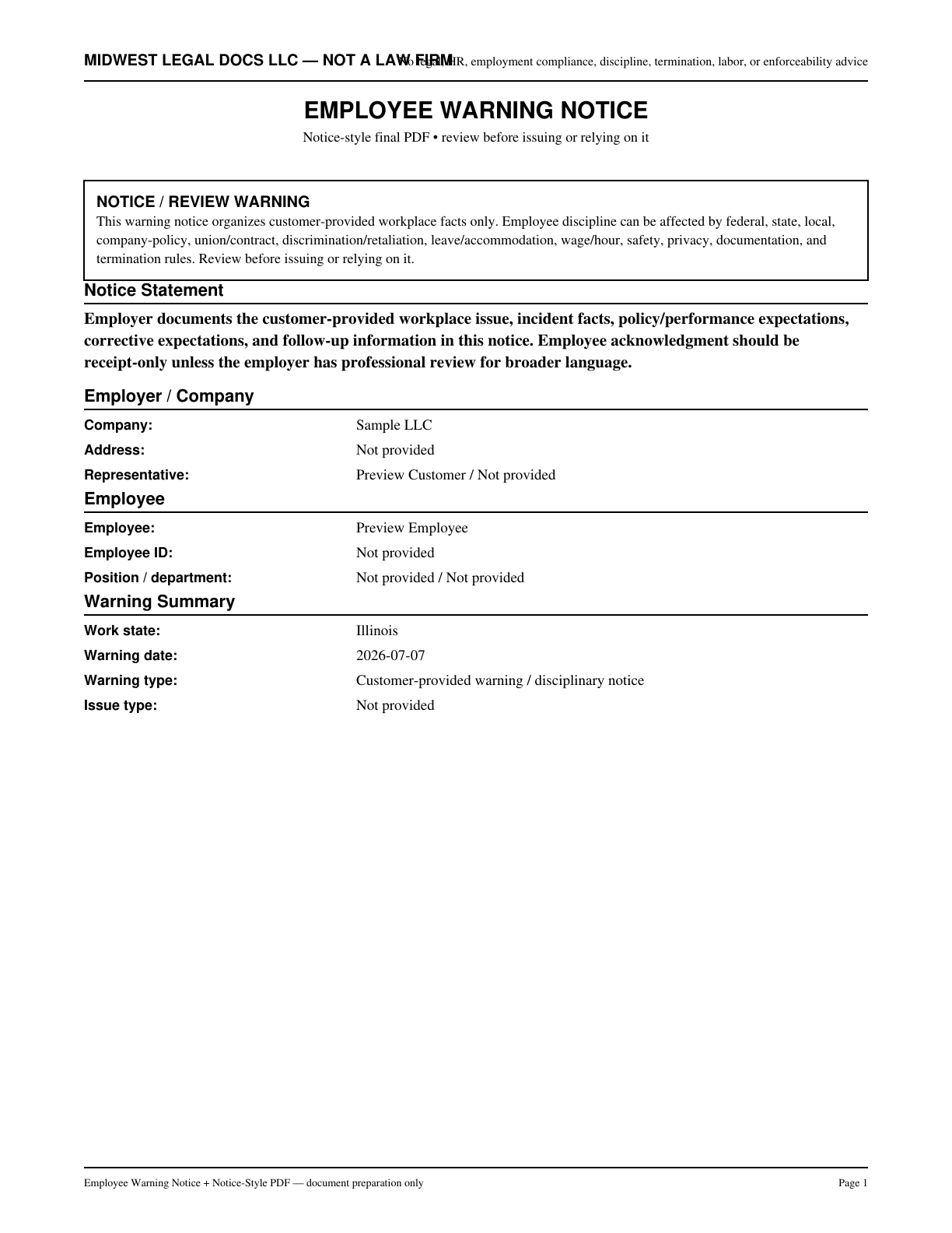 Page 1 preview of the actual Employee Warning Notice form