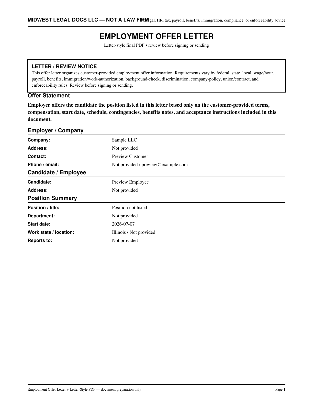 Page 1 preview of the actual Employment Offer Letter form