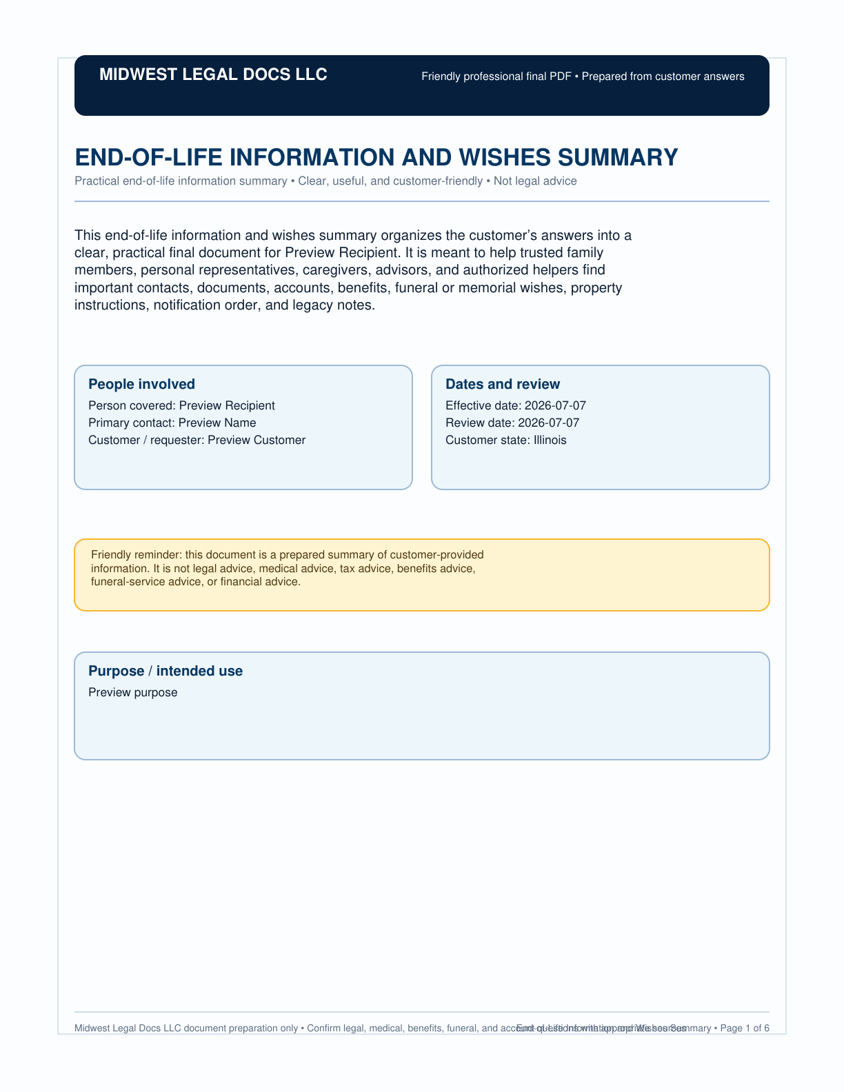 Page 1 preview of the actual End-Of-Life Information &Amp; Wishes + Information-Sty form