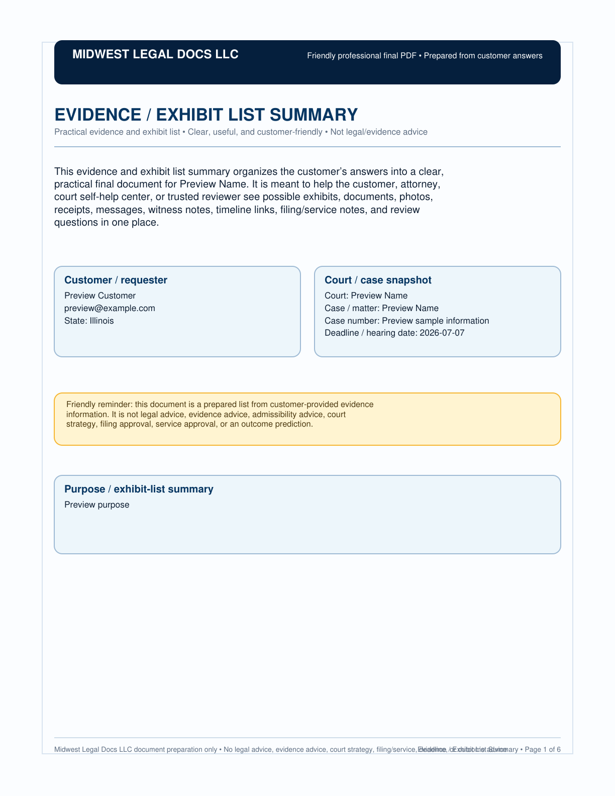 Page 1 preview of the actual Evidence / Exhibit List + List-Style Pdf form