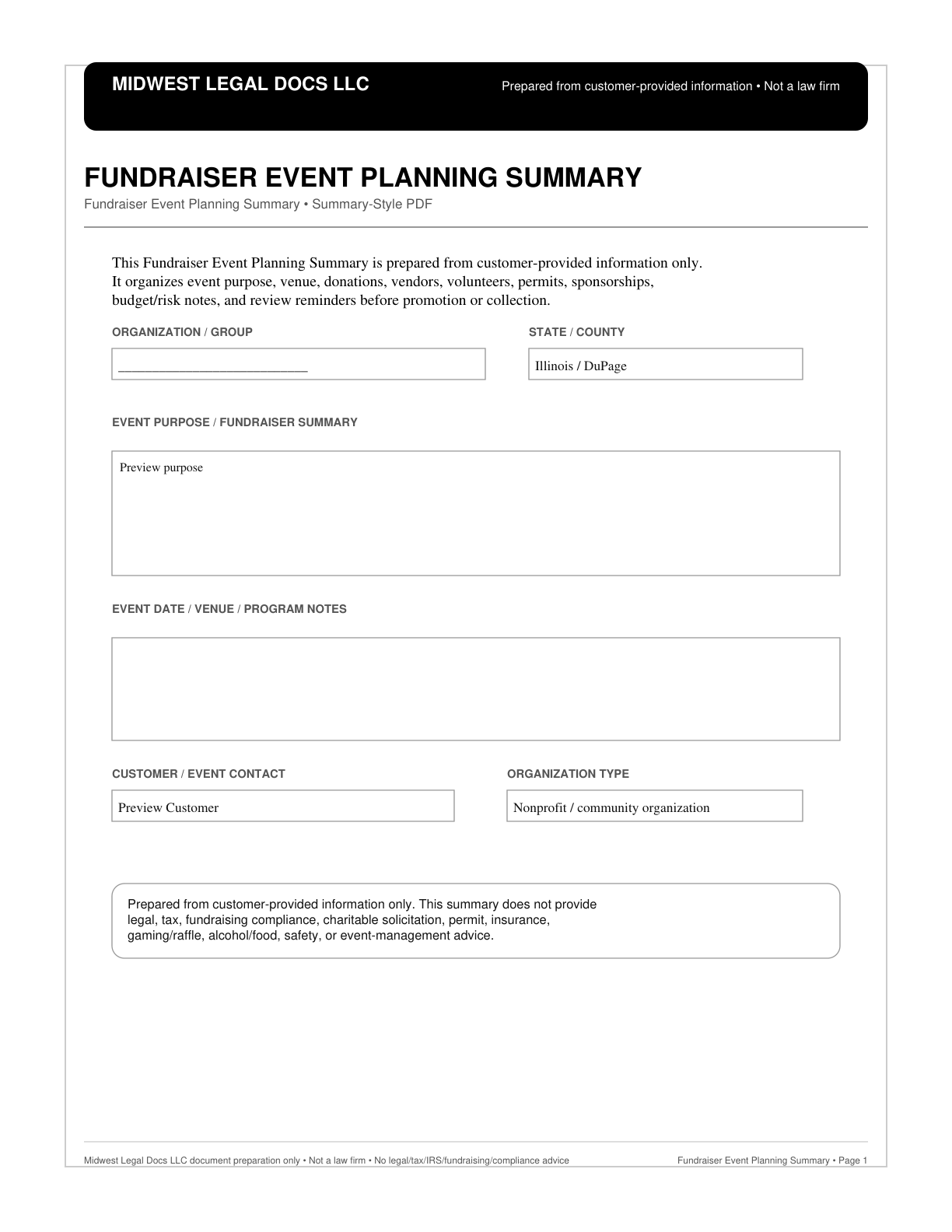Page 1 preview of the actual Fundraiser Event Planning Summary + Summary-Style Pdf form