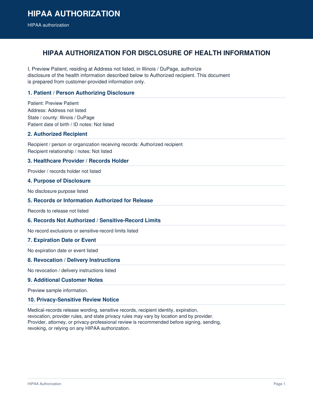 Page 1 preview of the actual Hipaa Authorization + Authorization-Style Pdf form