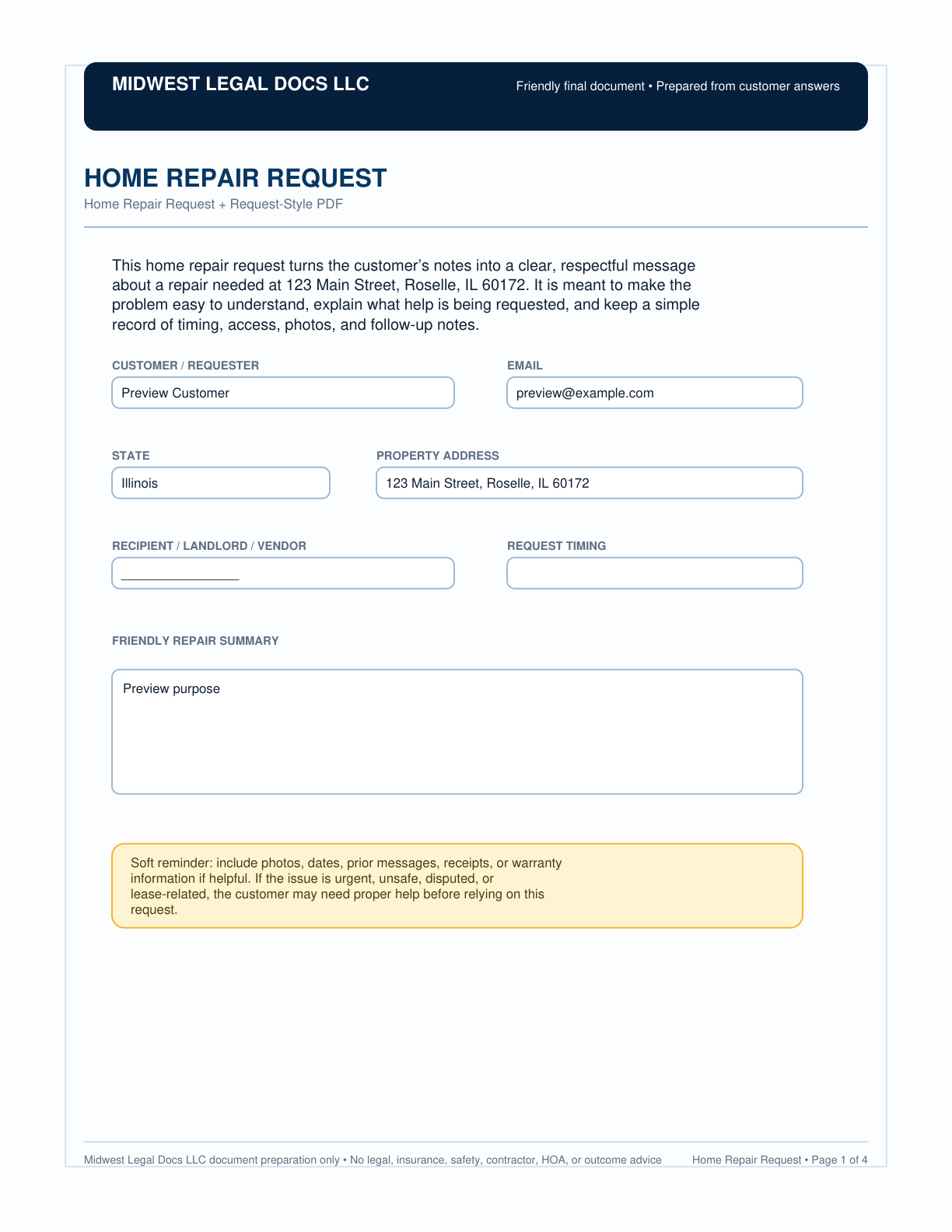 Page 1 preview of the actual Home Repair Request form