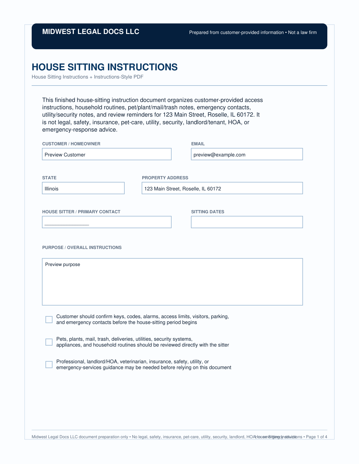 Page 1 preview of the actual House Sitting Instructions form