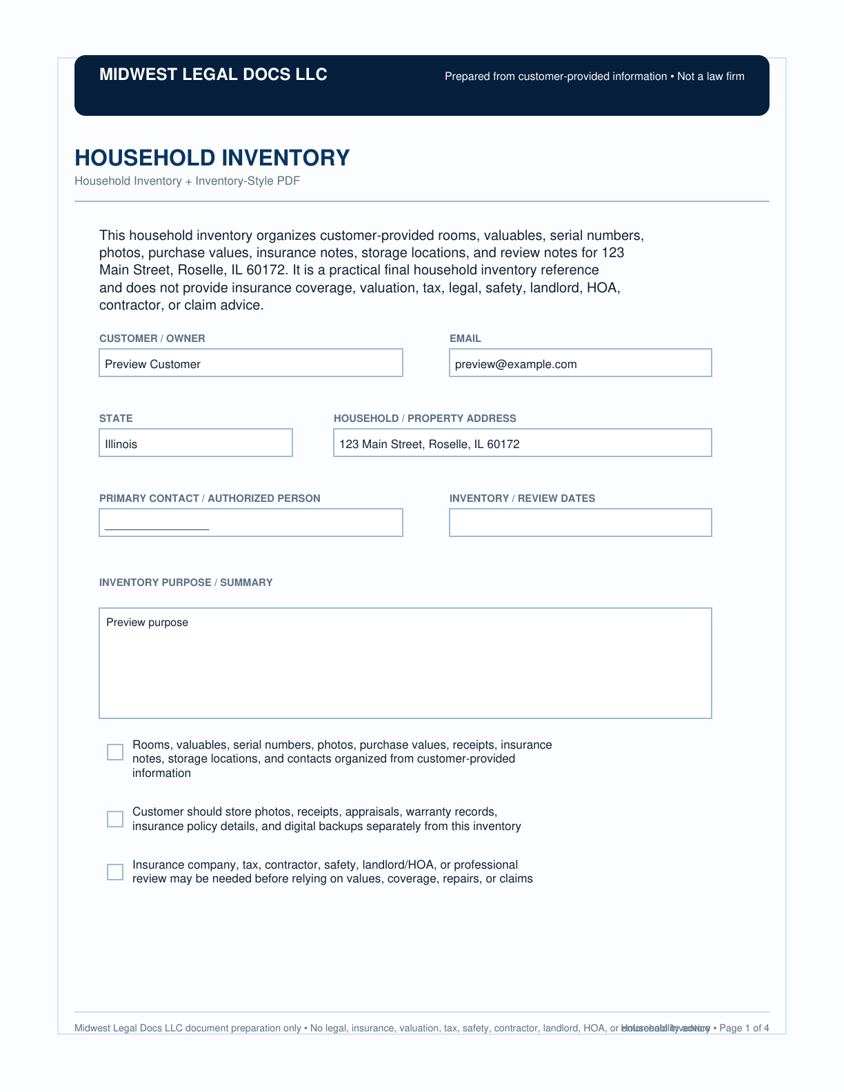 Page 1 preview of the actual Household Inventory form
