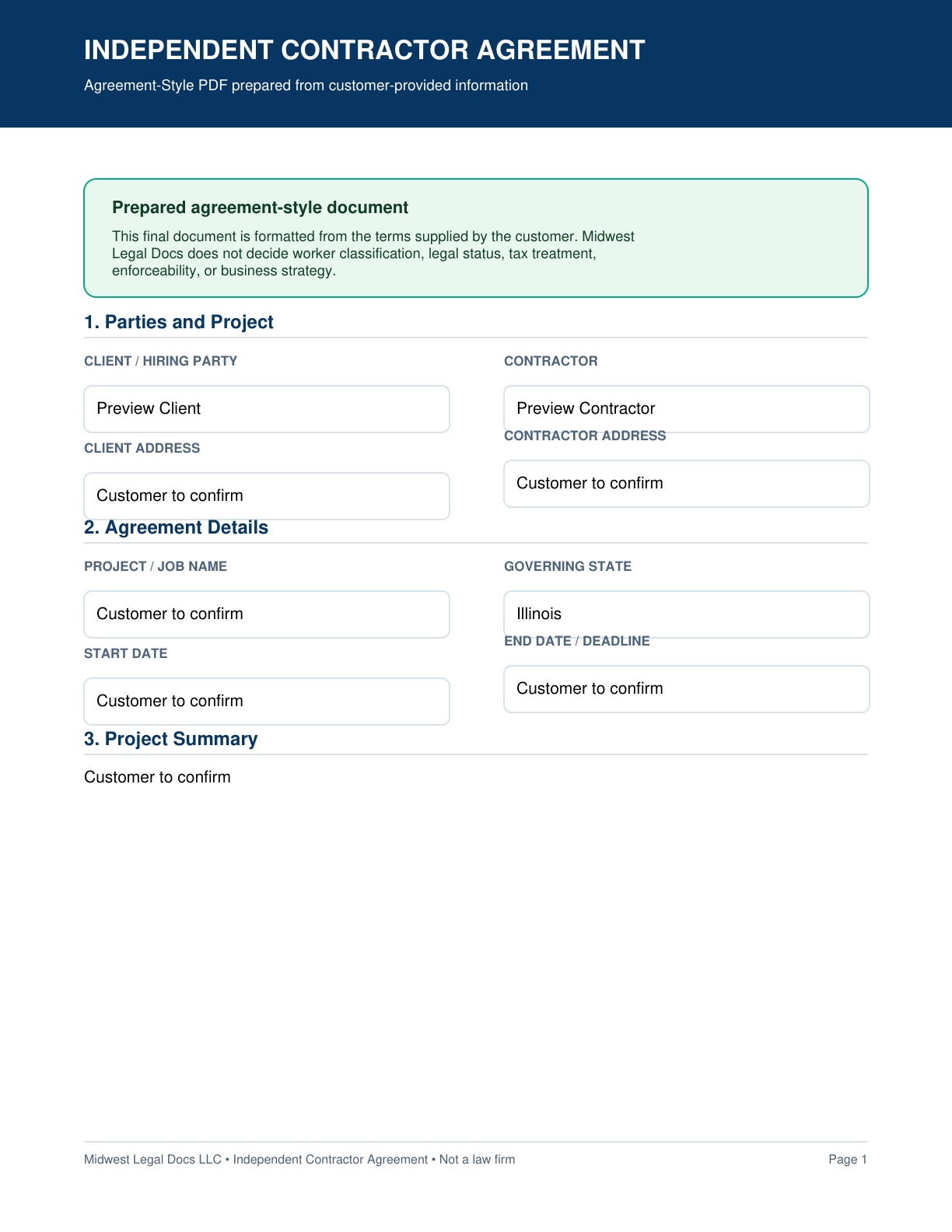 Page 1 preview of the actual Independent Contractor Agreement form