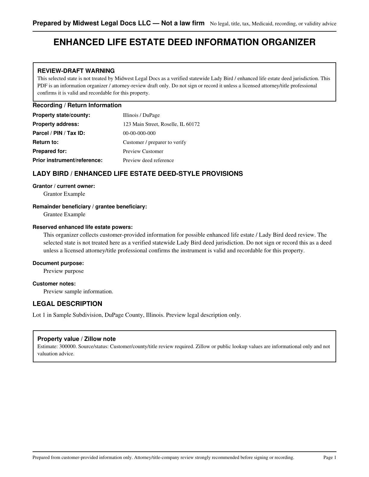 Page 1 preview of the actual Lady Bird / Enhanced Life Estate Deed Prep + Deed-Styl form