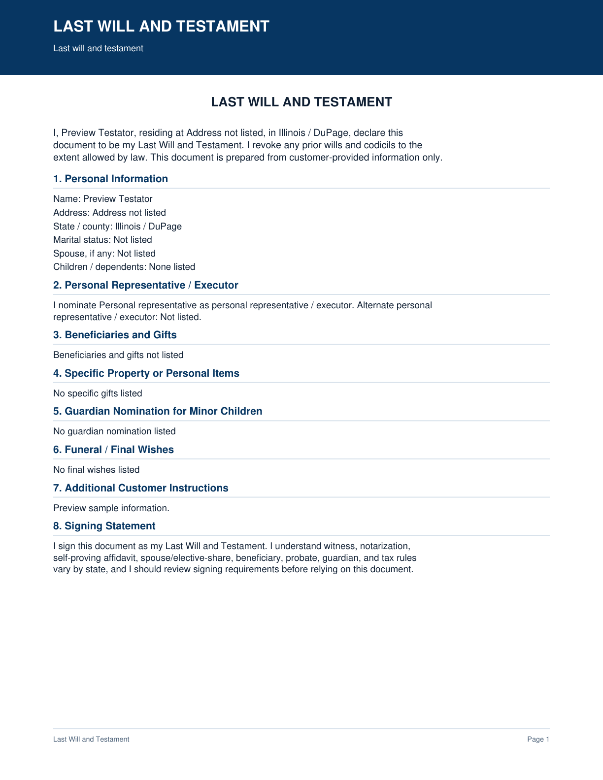 Page 1 preview of the actual Last Will And Testament + Will-Style Pdf form