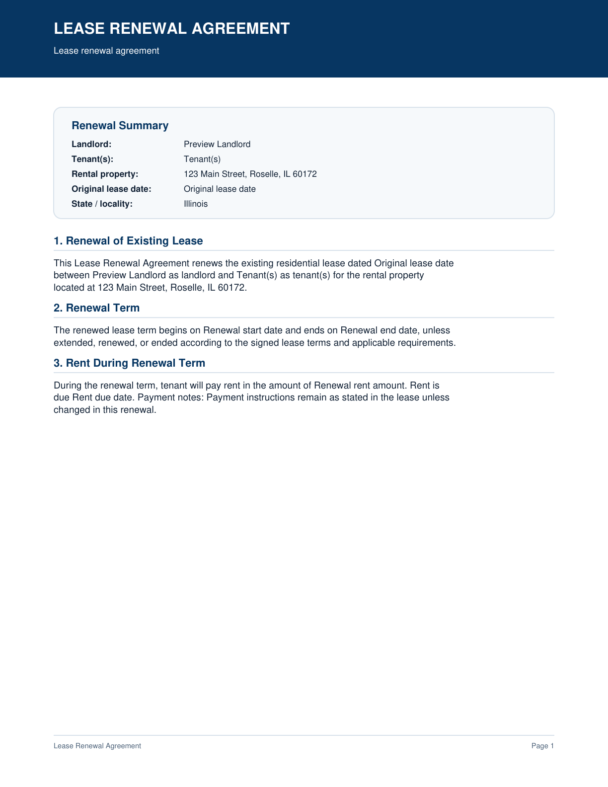 Page 1 preview of the actual Lease Renewal Agreement form
