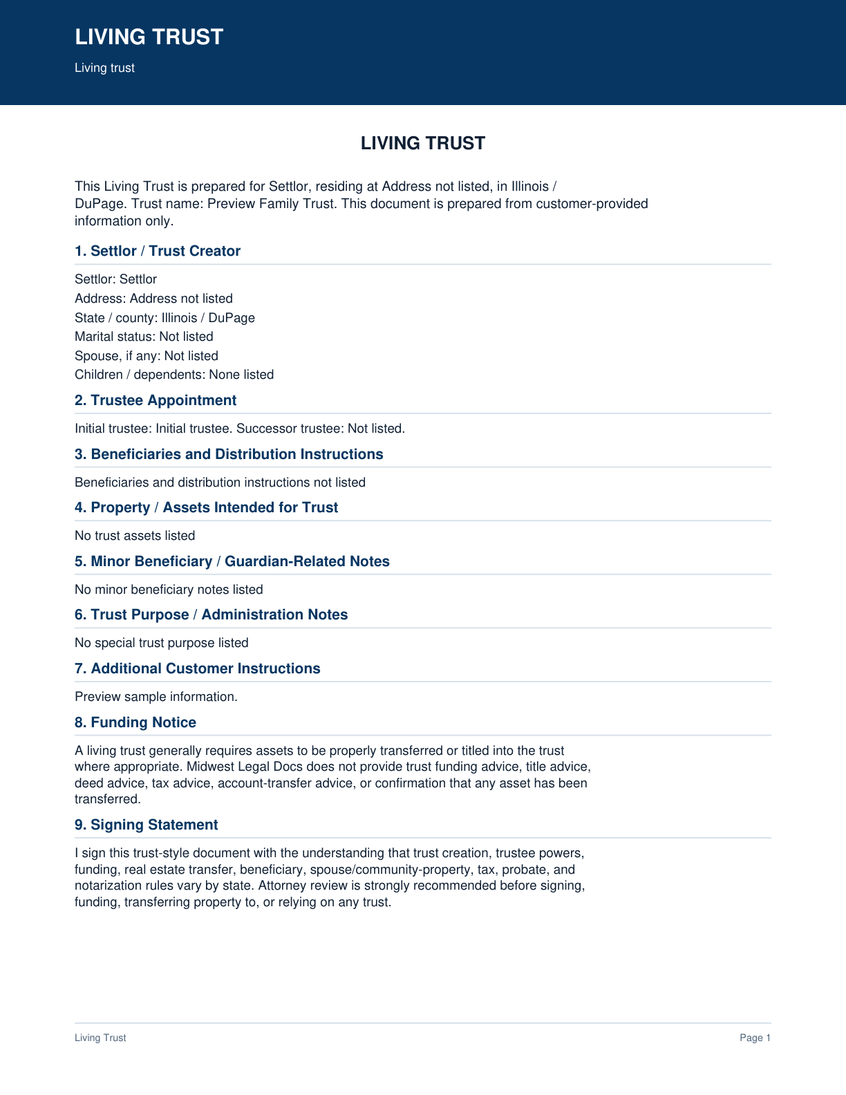 Page 1 preview of the actual Living Trust + Trust-Style Pdf form