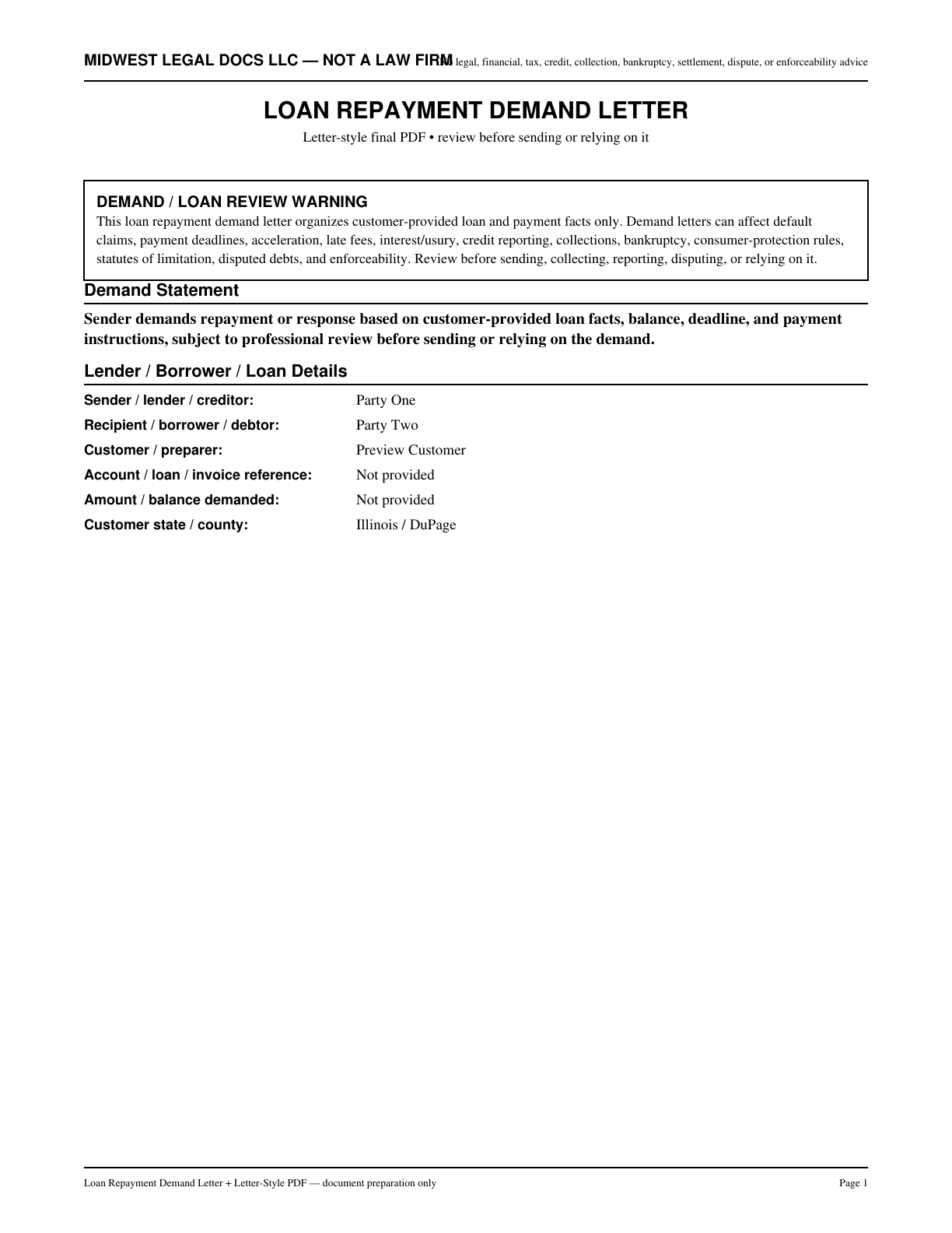 Page 1 preview of the actual Debt Settlement Letter form
