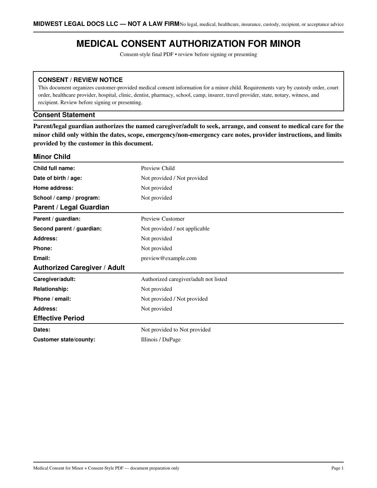 Page 1 preview of the actual Medical Consent Authorization For Minor form