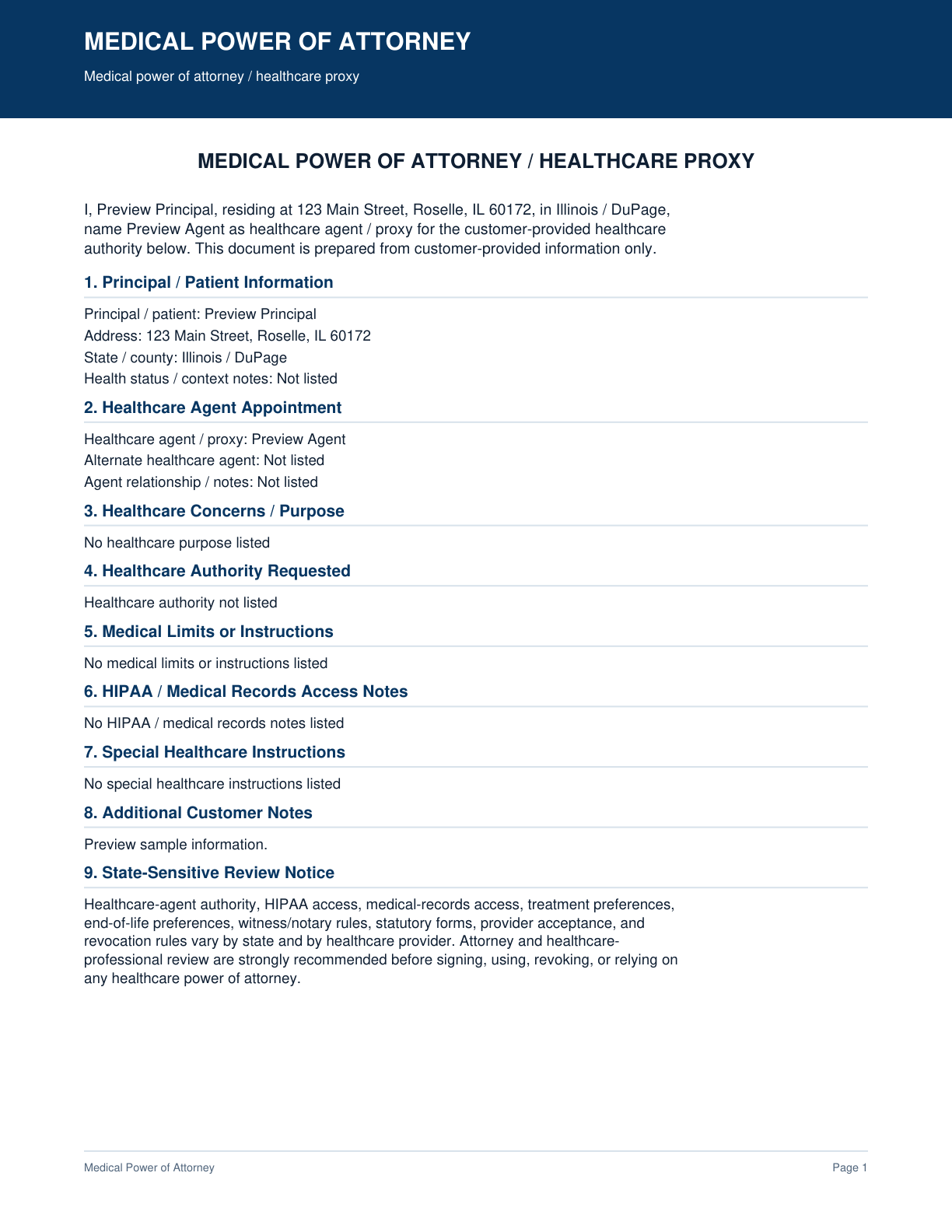 Page 1 preview of the actual Medical Power Of Attorney + Healthcare Poa-Style Pdf form