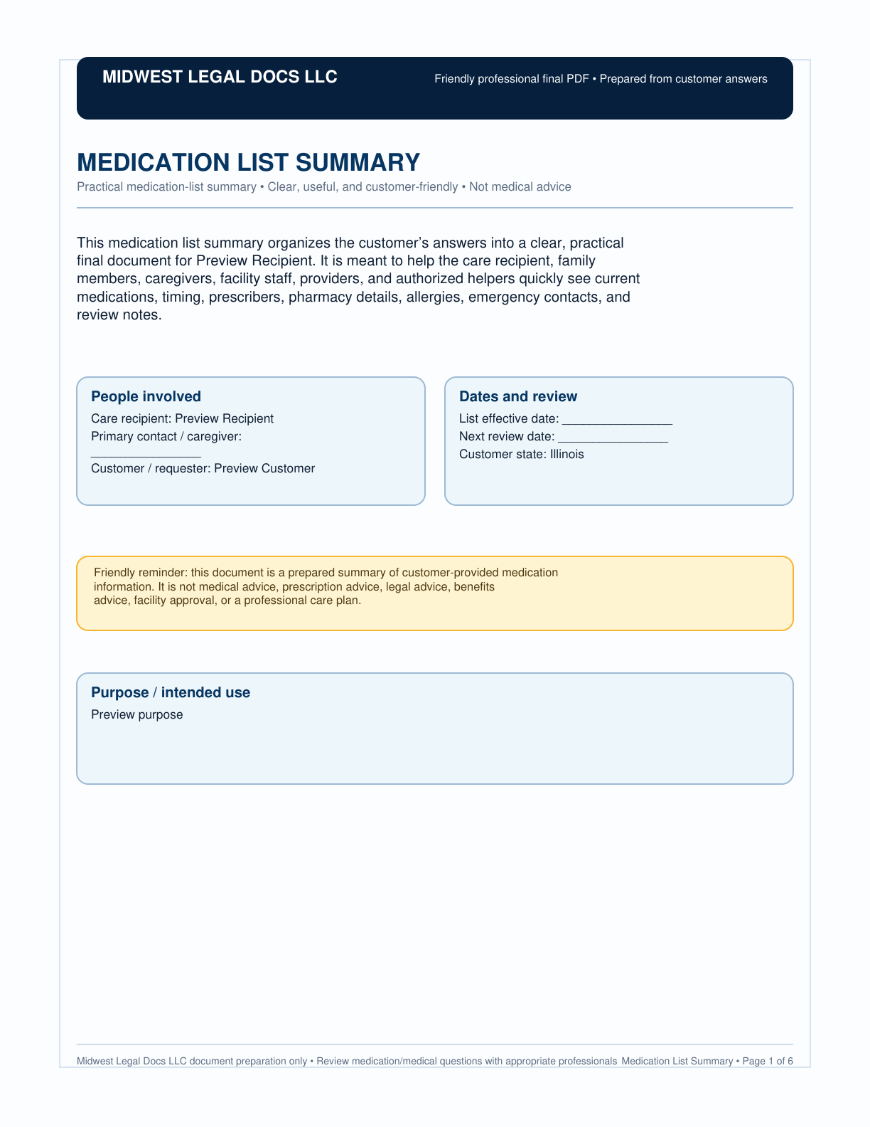 Page 1 preview of the actual Medication List + List-Style Pdf form