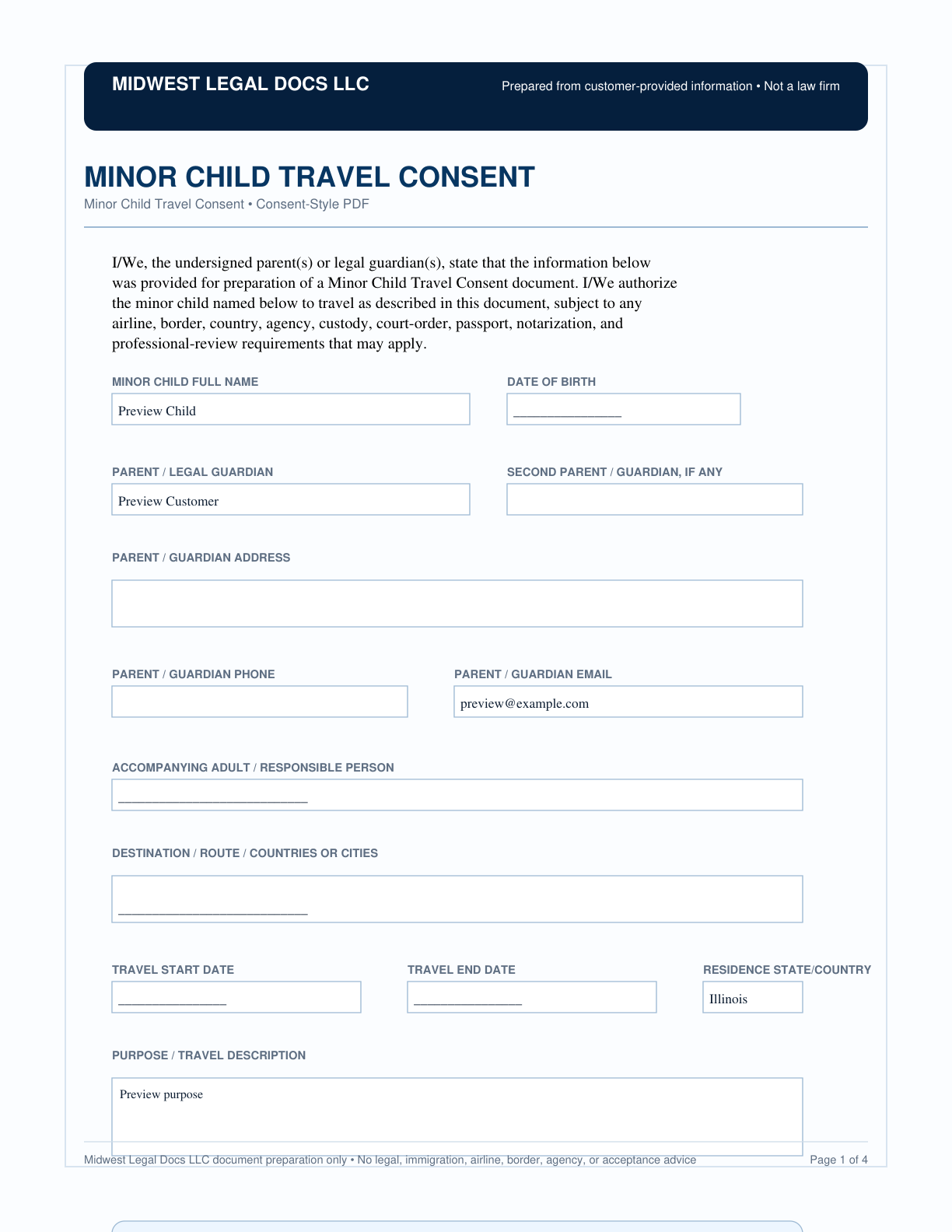 Page 1 preview of the actual Minor Child Travel Consent form