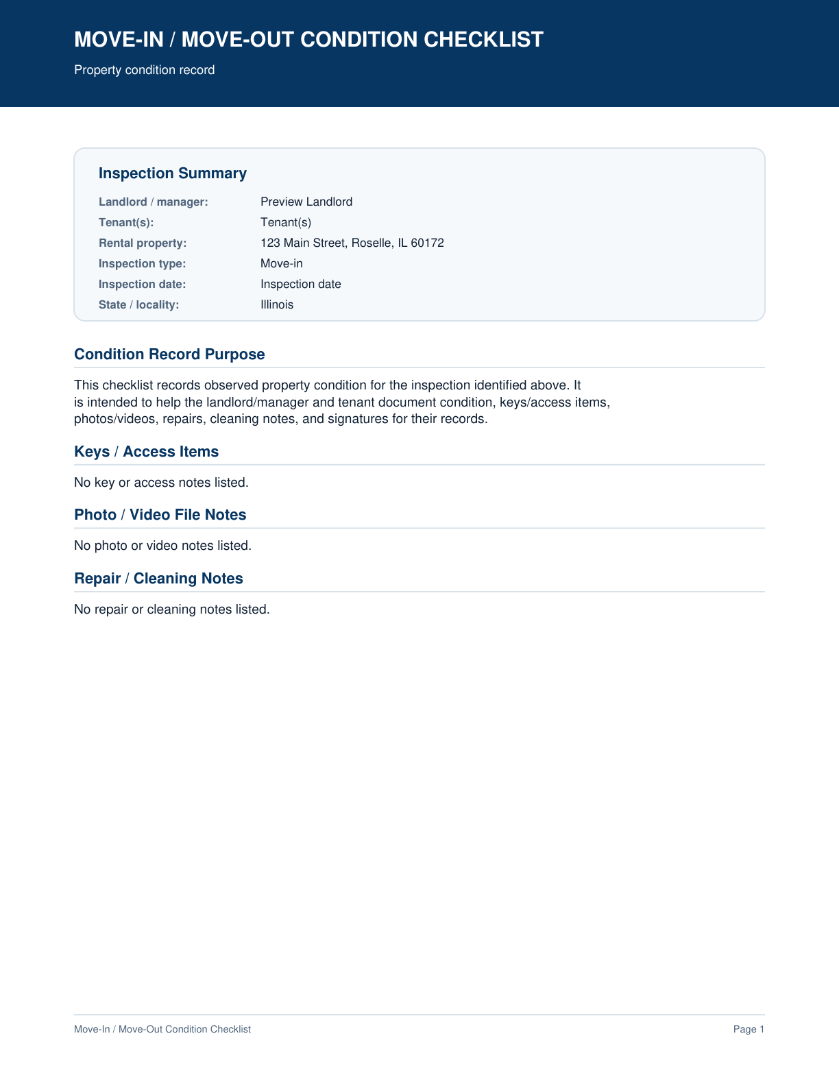 Page 1 preview of the actual Move-In / Move-Out Condition Checklist form