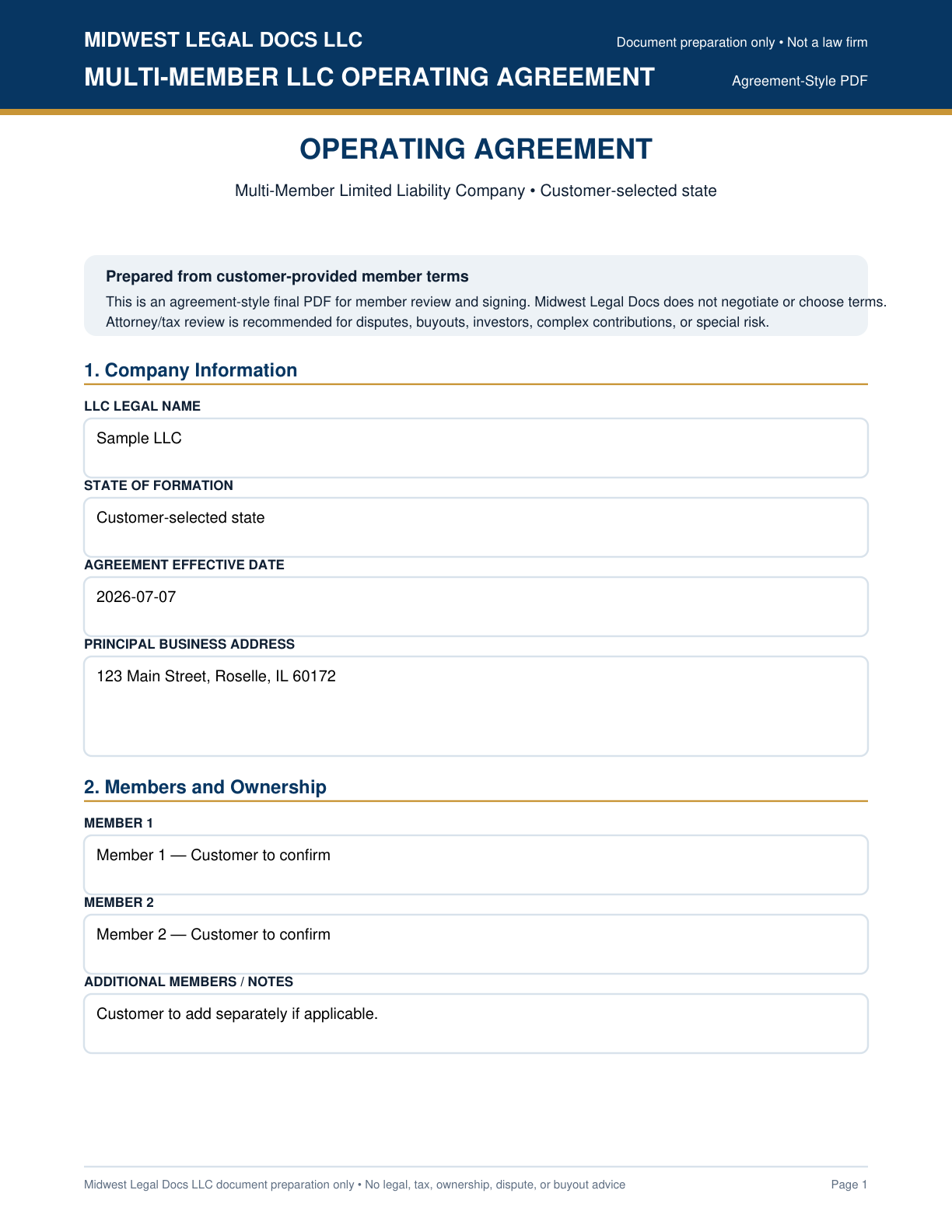 Page 1 preview of the actual Multi-Member Llc Operating Agreement form