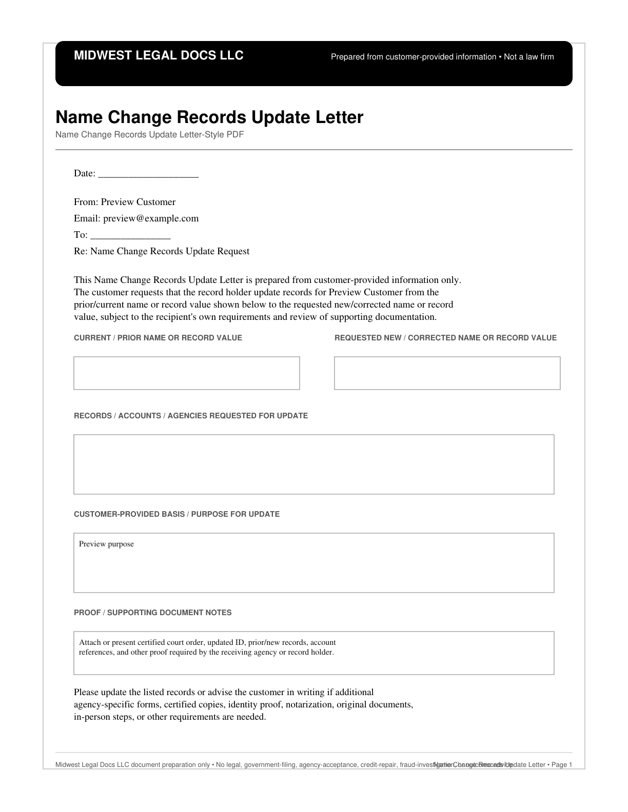 Page 1 preview of the actual Name Change Records Update Letter form