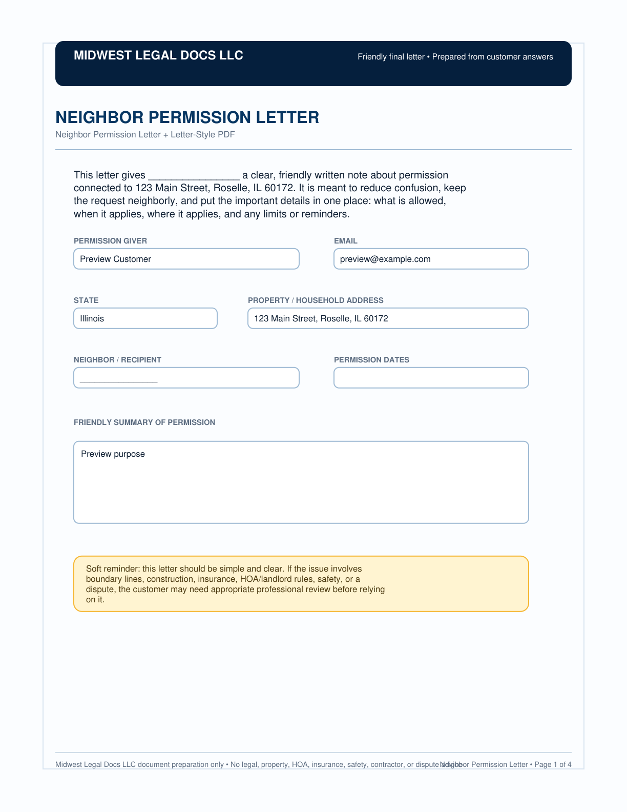 Page 1 preview of the actual Neighbor Permission Letter form