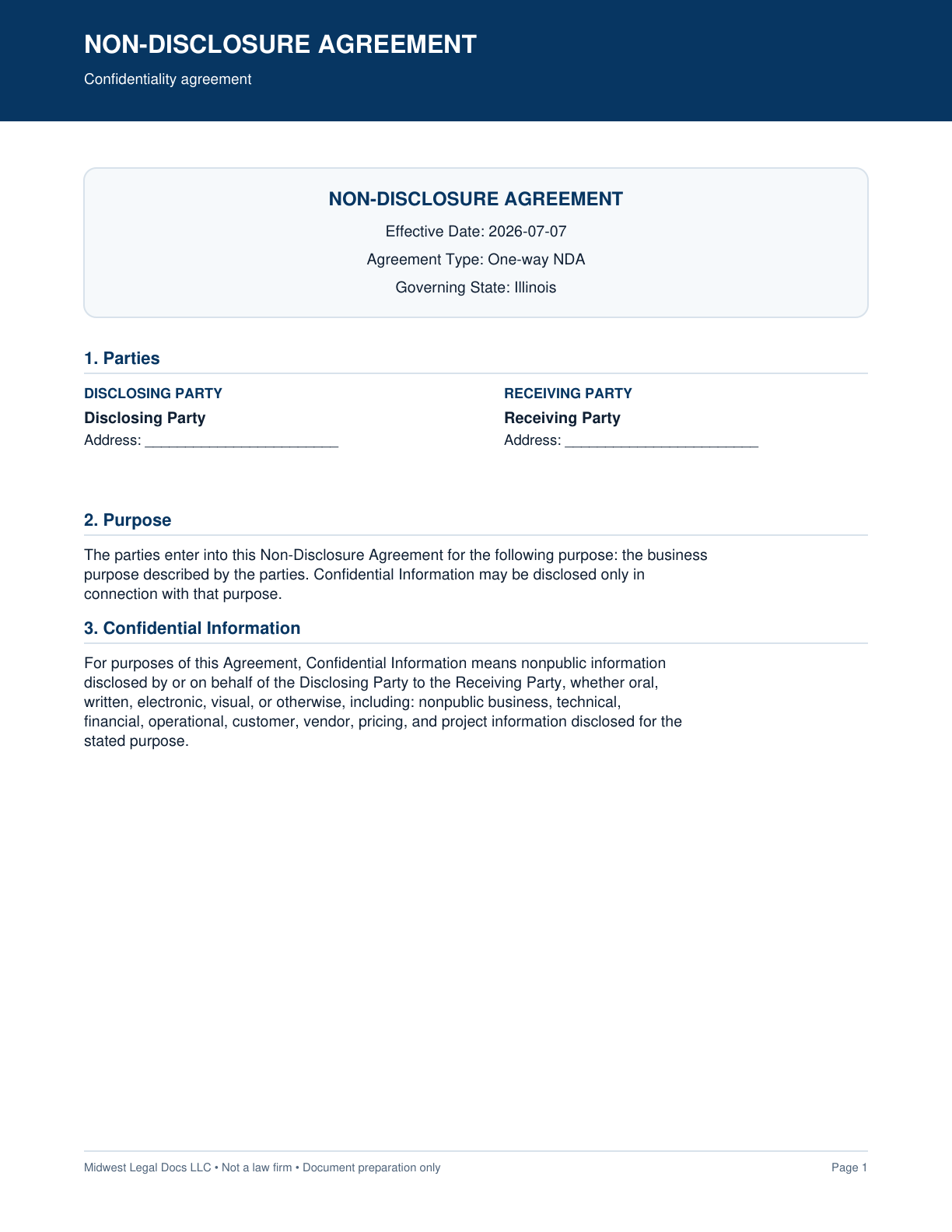 Page 1 preview of the actual Non-Disclosure Agreement form